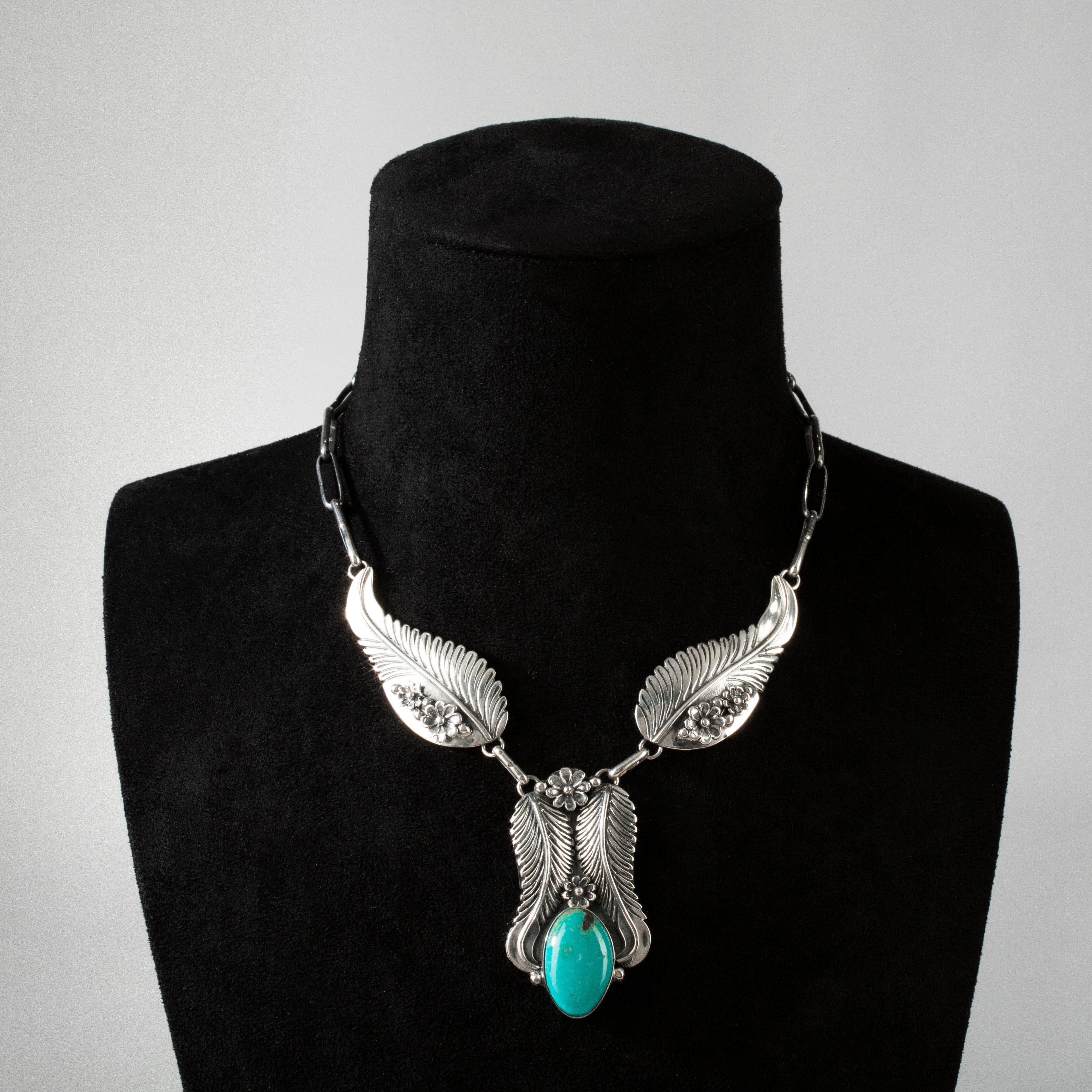 Kalifano Southwest Silver Jewelry 17" Kingman Turquoise Feather Handmade 925 Sterling Silver Chain Link Necklace NMN.0355.TQ