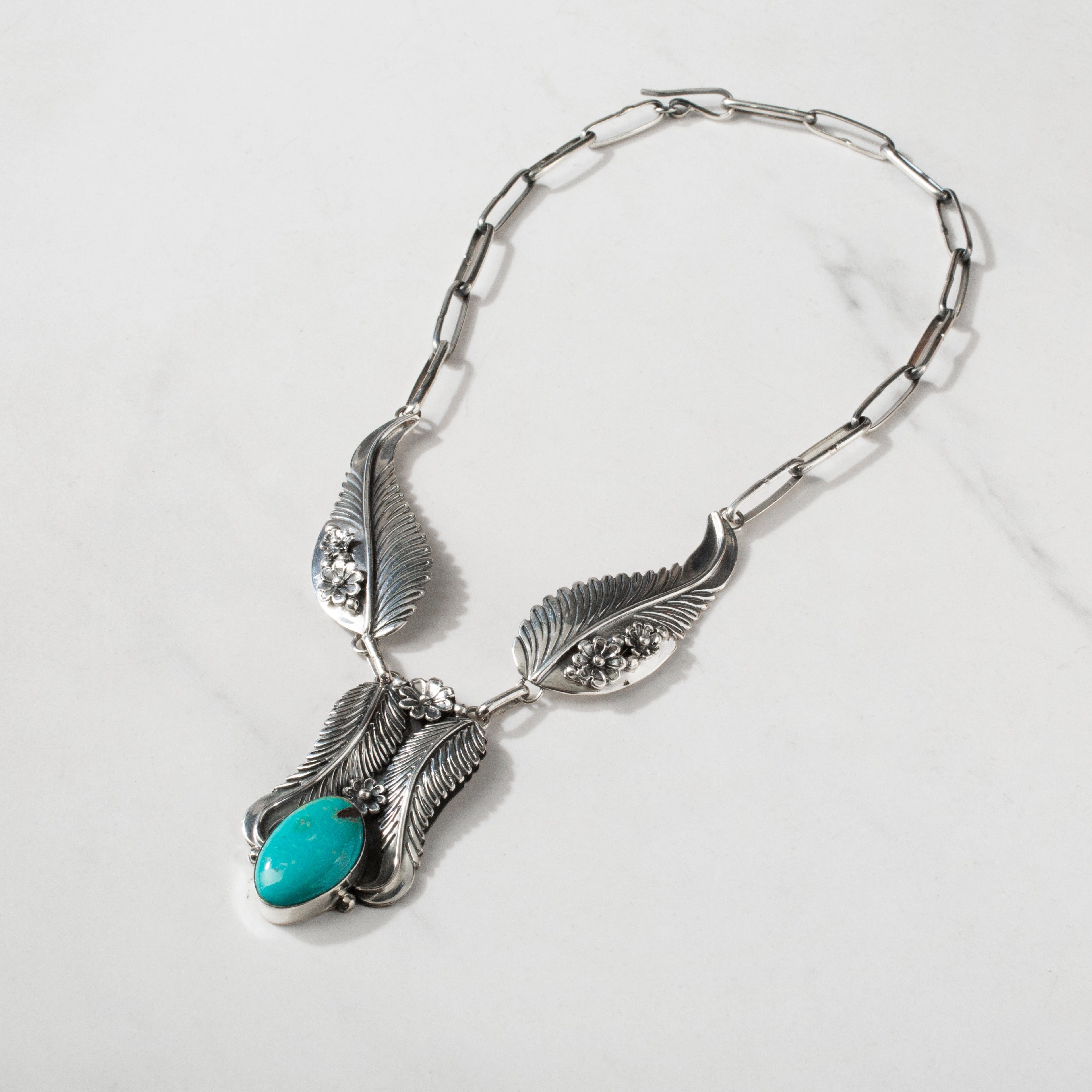 Kalifano Southwest Silver Jewelry 17" Kingman Turquoise Feather Handmade 925 Sterling Silver Chain Link Necklace NMN.0355.TQ