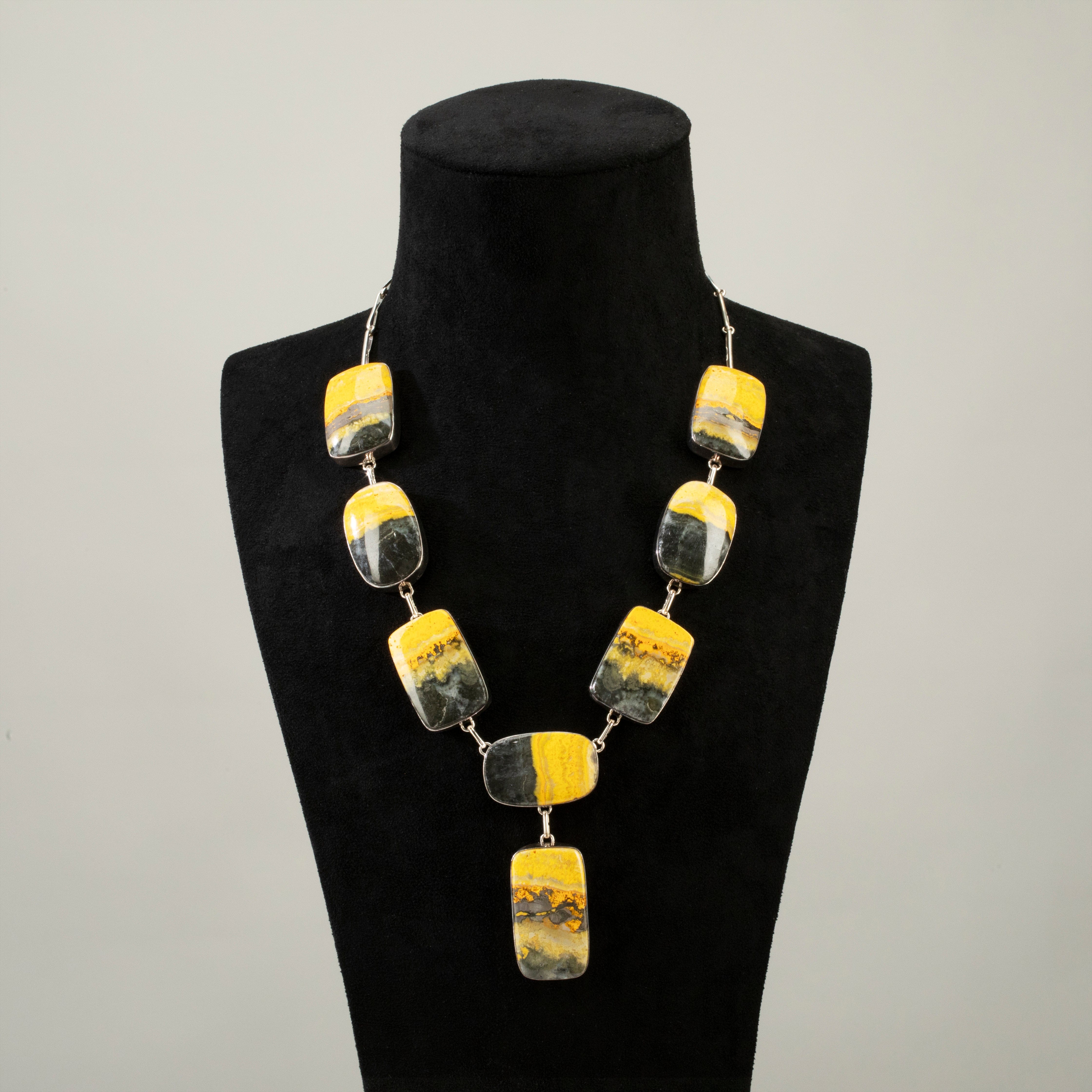 Kalifano Southwest Silver Jewelry 22" Bumblebee Jasper Rectangular USA Handmade 925 Sterling Silver Necklace NMN.1110.BB.01