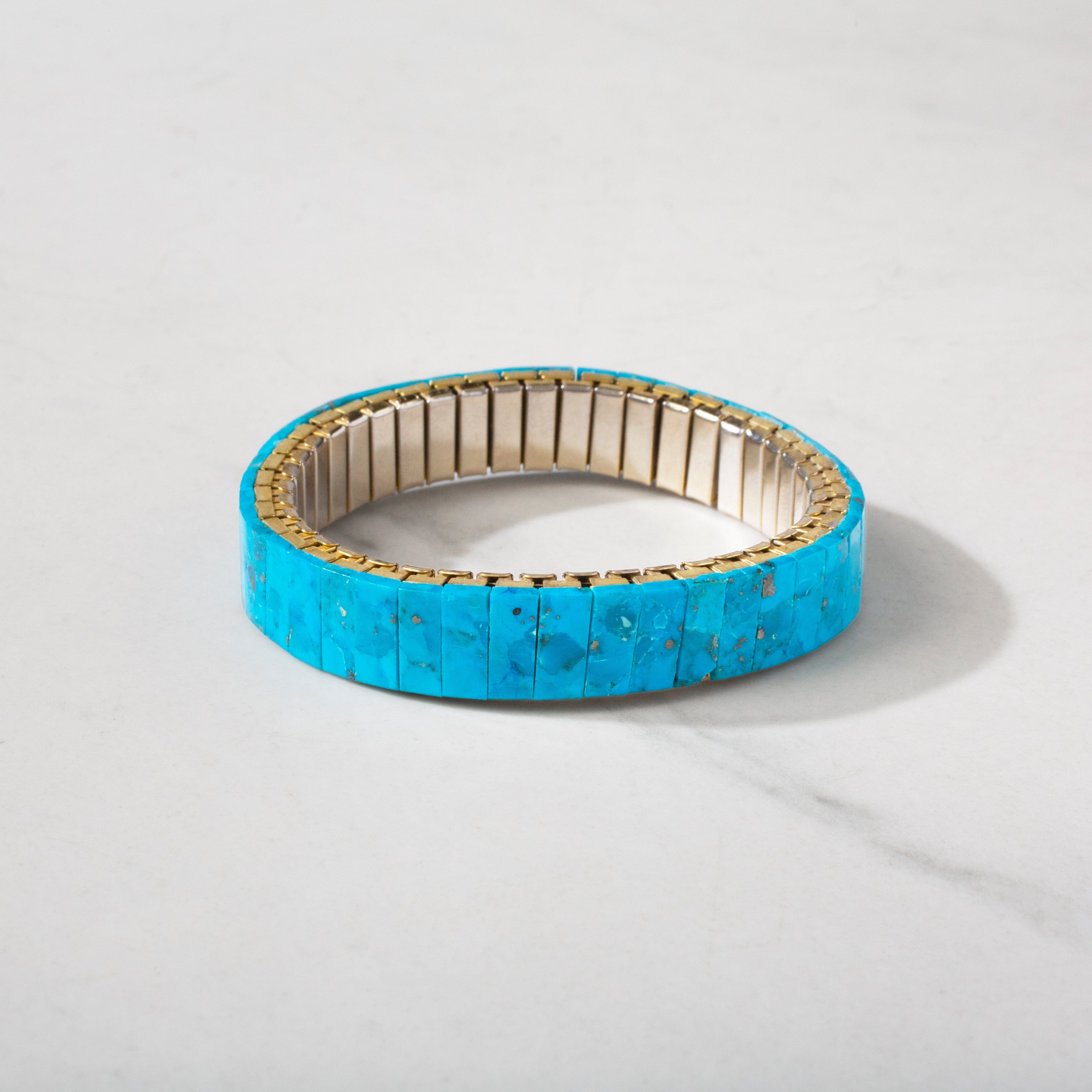 Kalifano Southwest Silver Jewelry Banded Kingman Turquoise Compress Nuggets & 925 Sterling Silver USA Handmade Elastic Stretch Bracelet NMB.0050.TQ