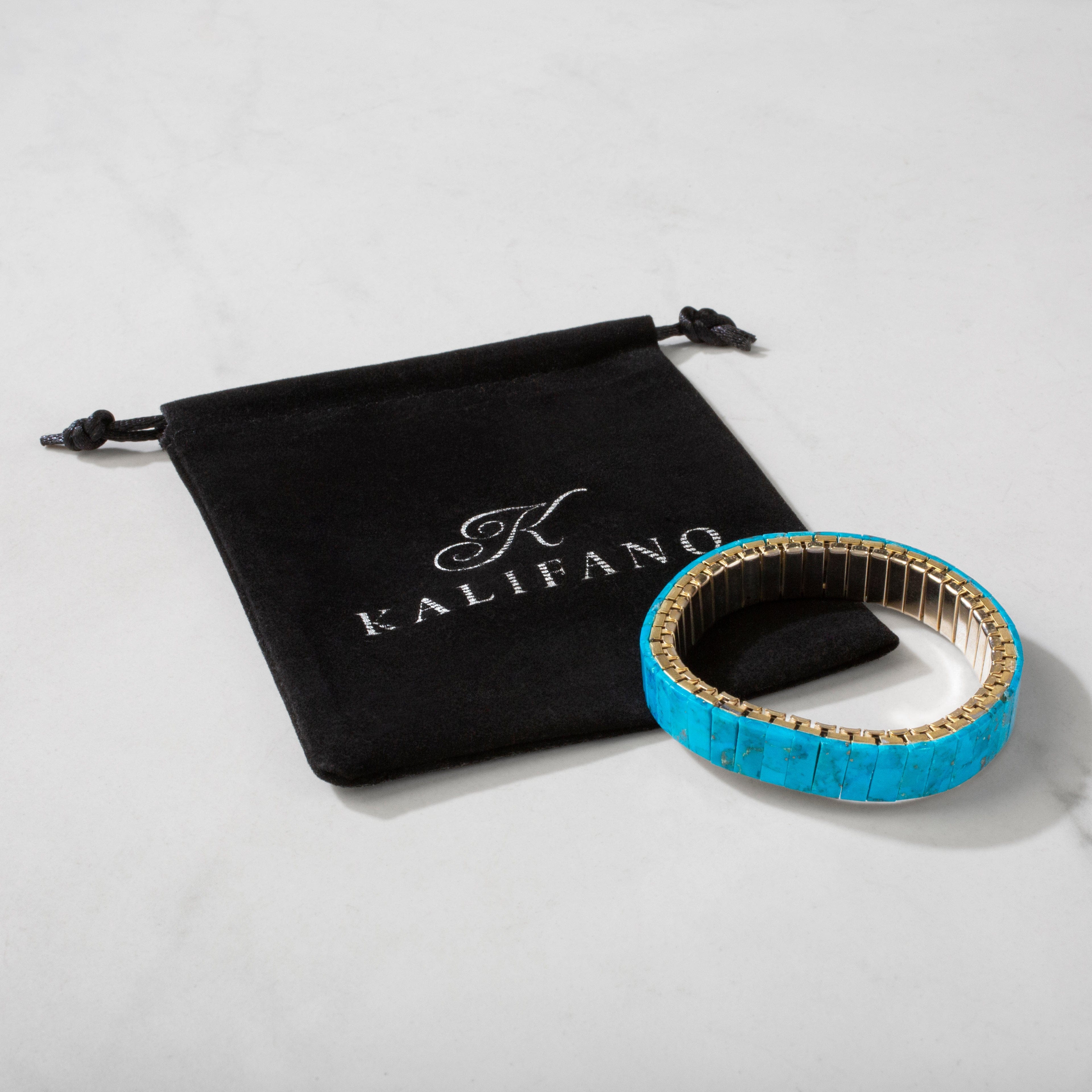 Kalifano Southwest Silver Jewelry Banded Kingman Turquoise Compress Nuggets & 925 Sterling Silver USA Handmade Elastic Stretch Bracelet NMB.0050.TQ