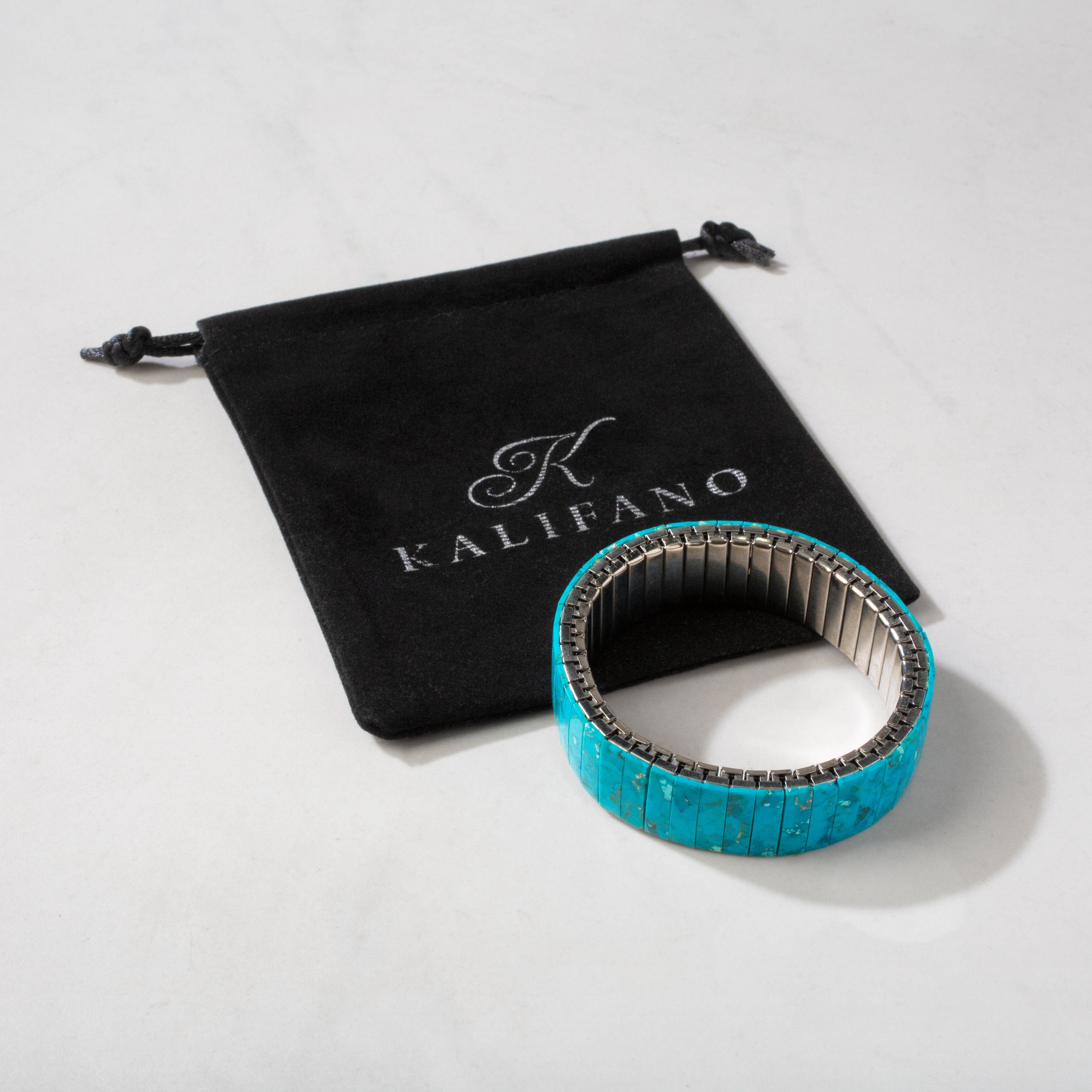 Kalifano Southwest Silver Jewelry Banded Kingman Turquoise Compress Nuggets & 925 Sterling Silver USA Handmade Elastic Stretch Bracelet NMB.0070.TQ