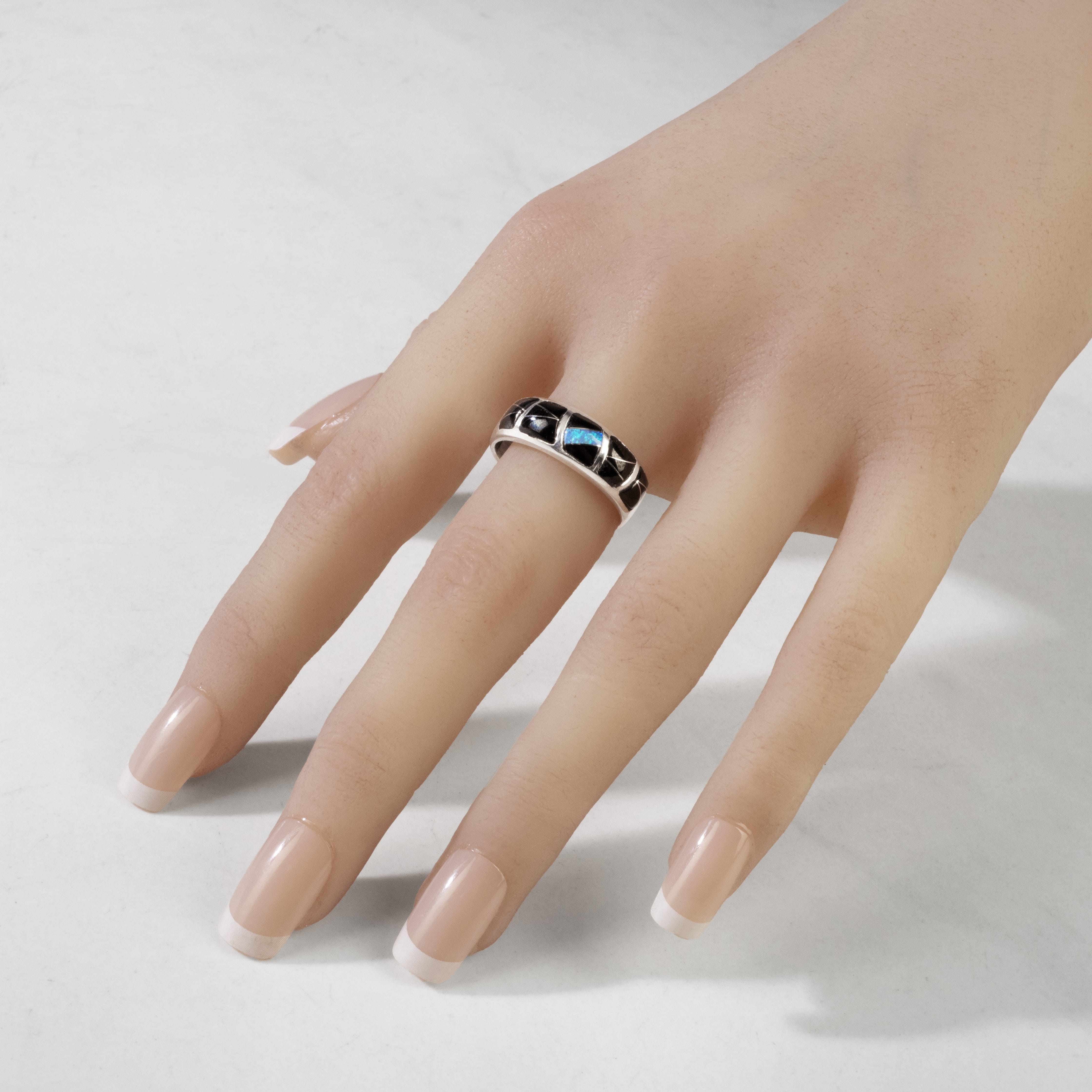 Kalifano Southwest Silver Jewelry Black Onyx 925 Sterling Silver Ring Handmade with Laboratory Opal Accent