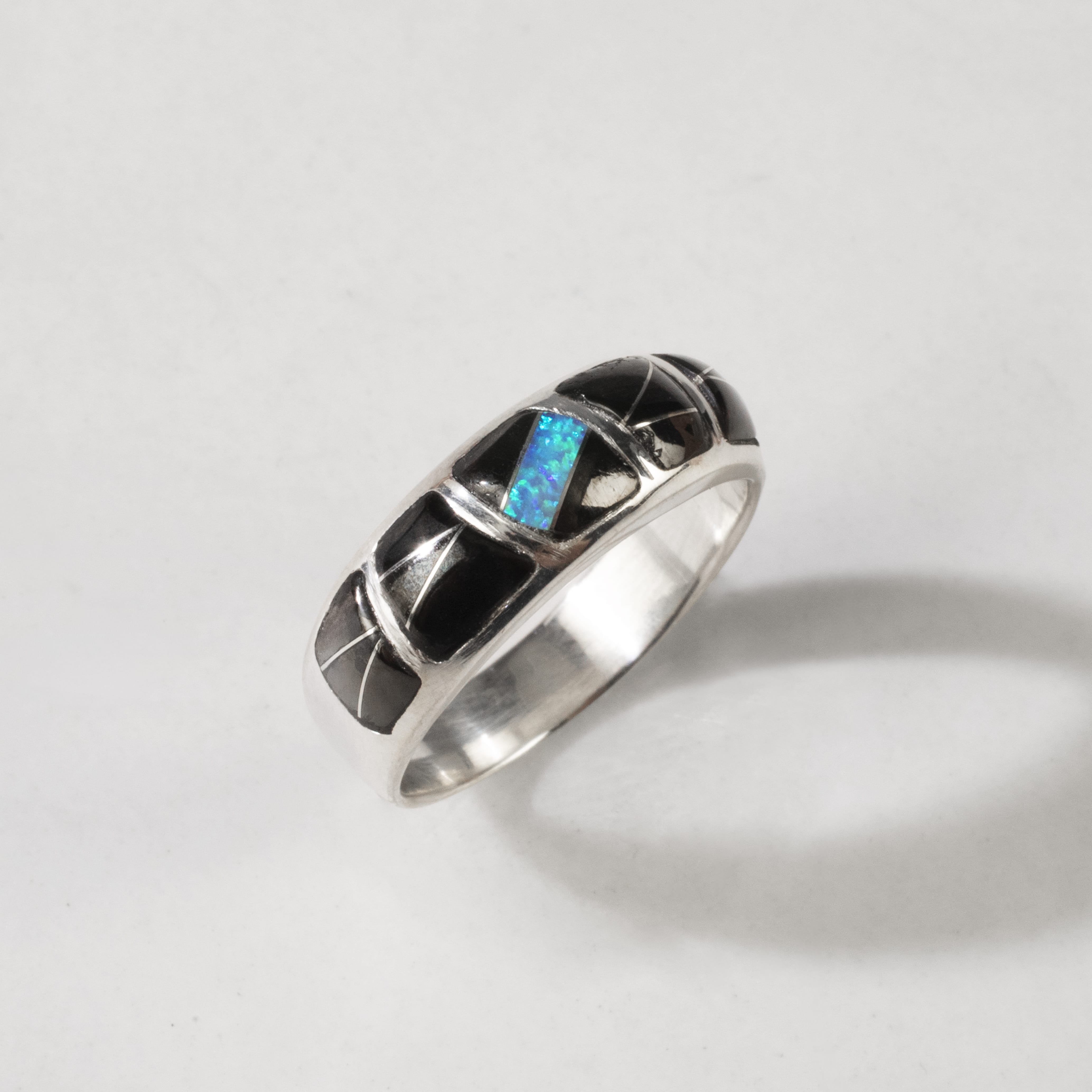 Kalifano Southwest Silver Jewelry Black Onyx 925 Sterling Silver Ring Handmade with Laboratory Opal Accent