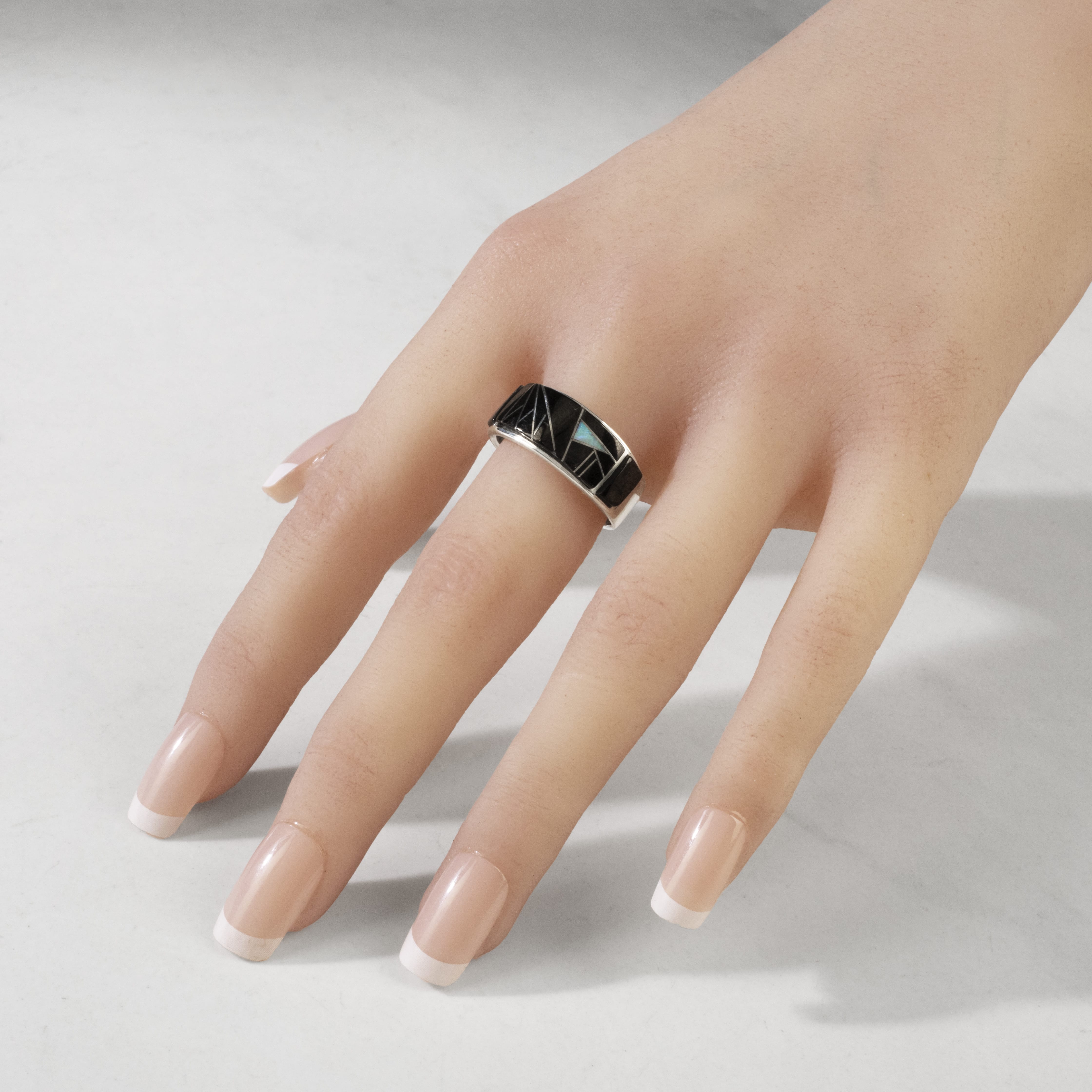 Kalifano Southwest Silver Jewelry Black Onyx 925 Sterling Silver Ring USA Handmade with Laboratory Opal Accent