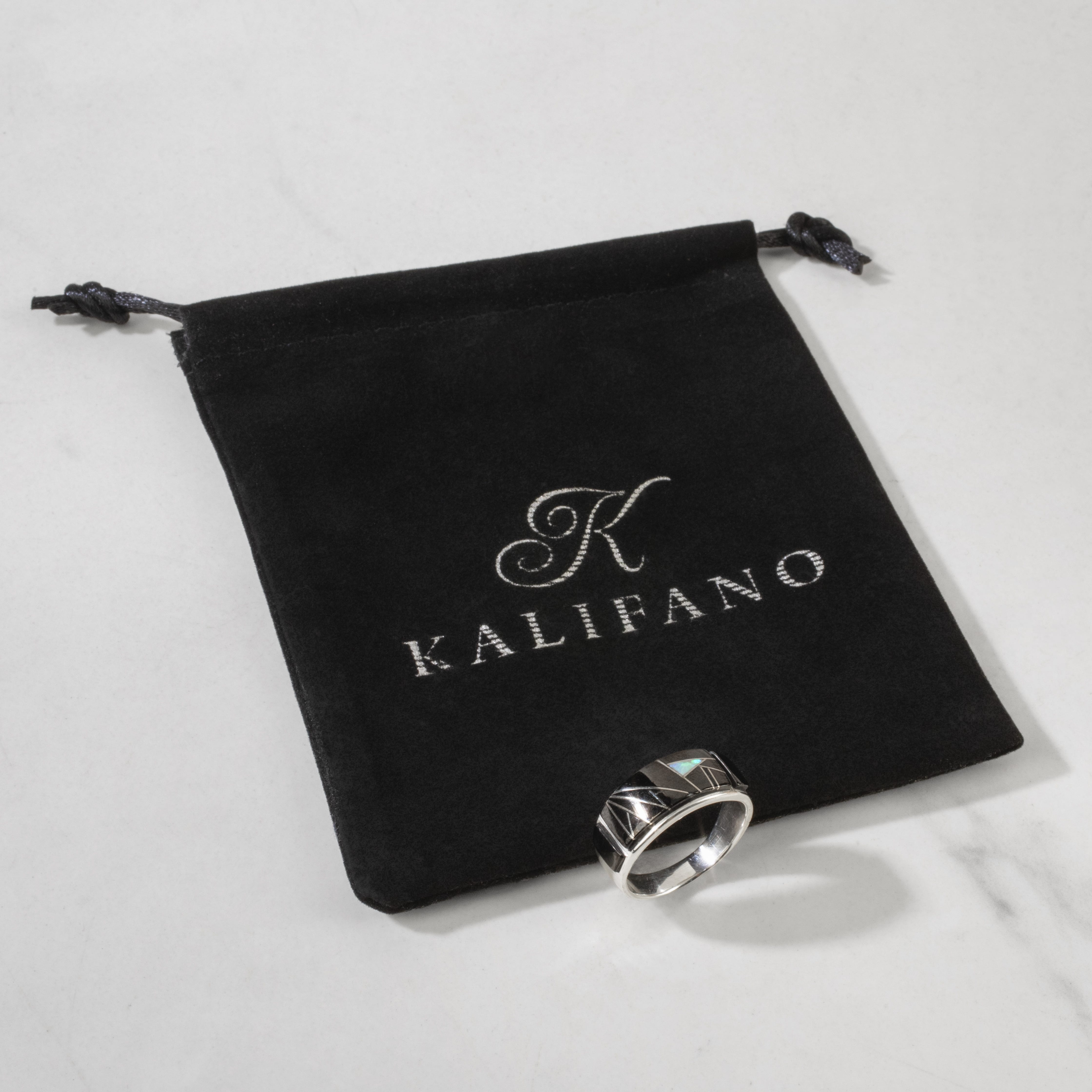 Kalifano Southwest Silver Jewelry Black Onyx 925 Sterling Silver Ring USA Handmade with Laboratory Opal Accent
