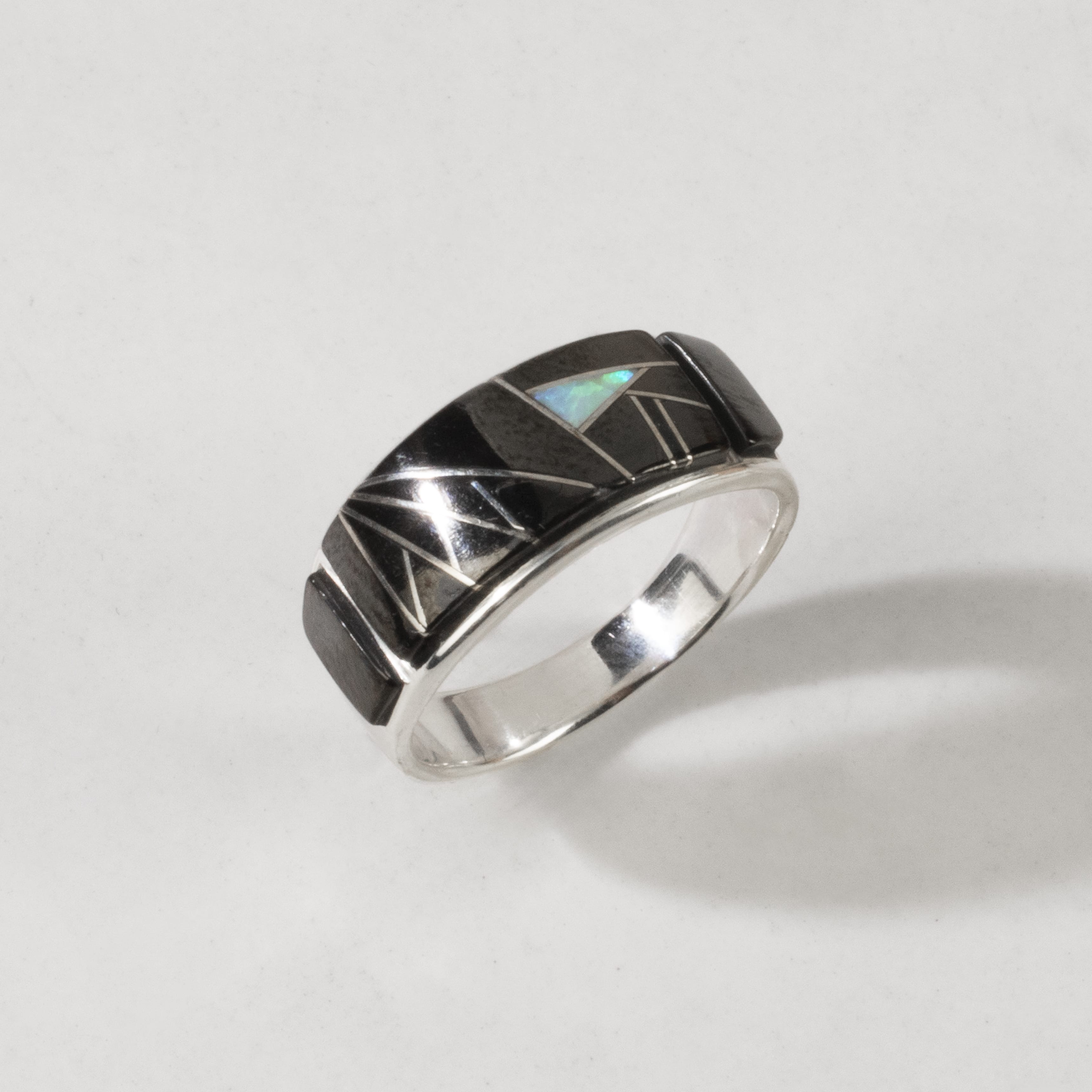 Kalifano Southwest Silver Jewelry Black Onyx 925 Sterling Silver Ring USA Handmade with Laboratory Opal Accent