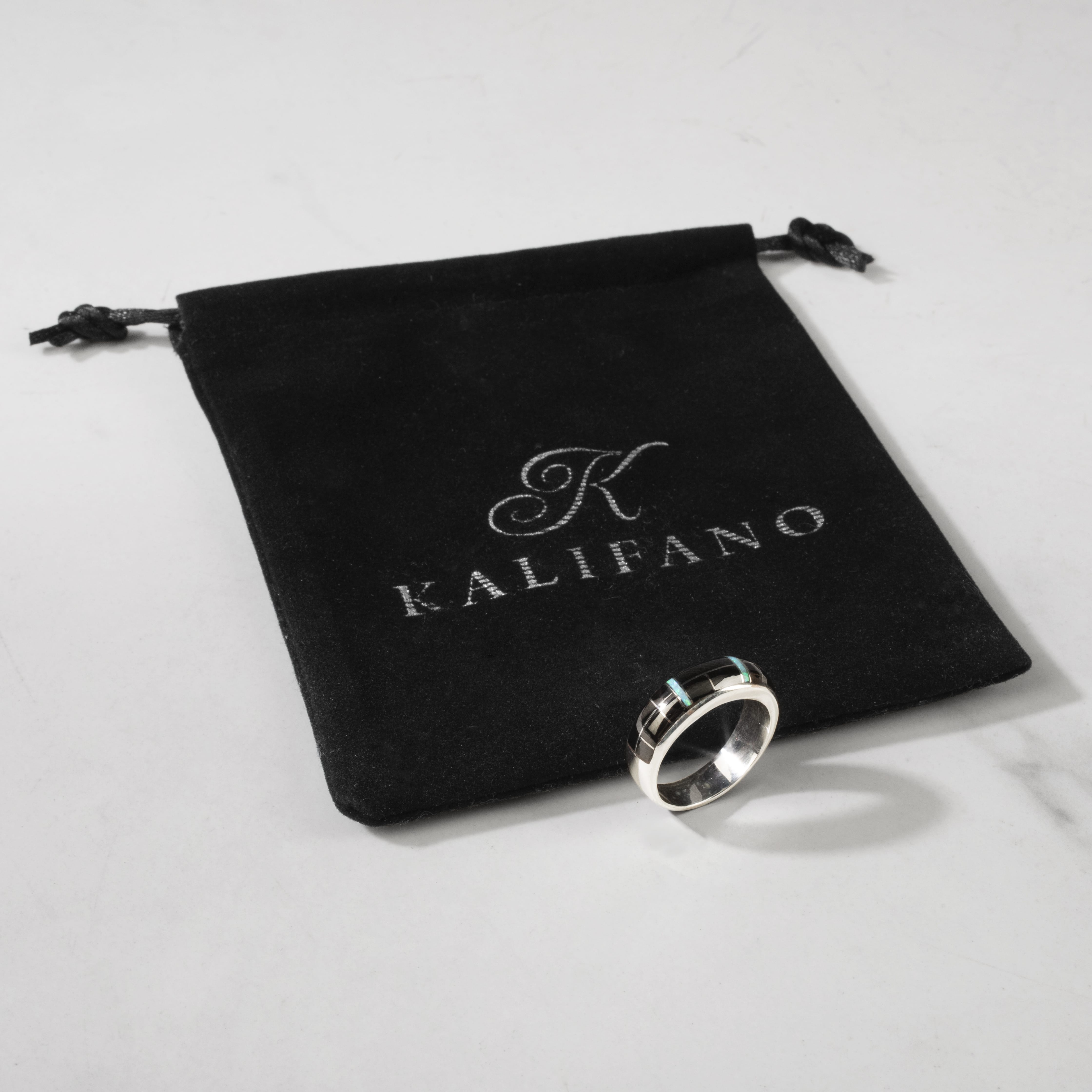 Kalifano Southwest Silver Jewelry Black Onyx 925 Sterling Silver Ring USA Handmade with Laboratory Opal Accent