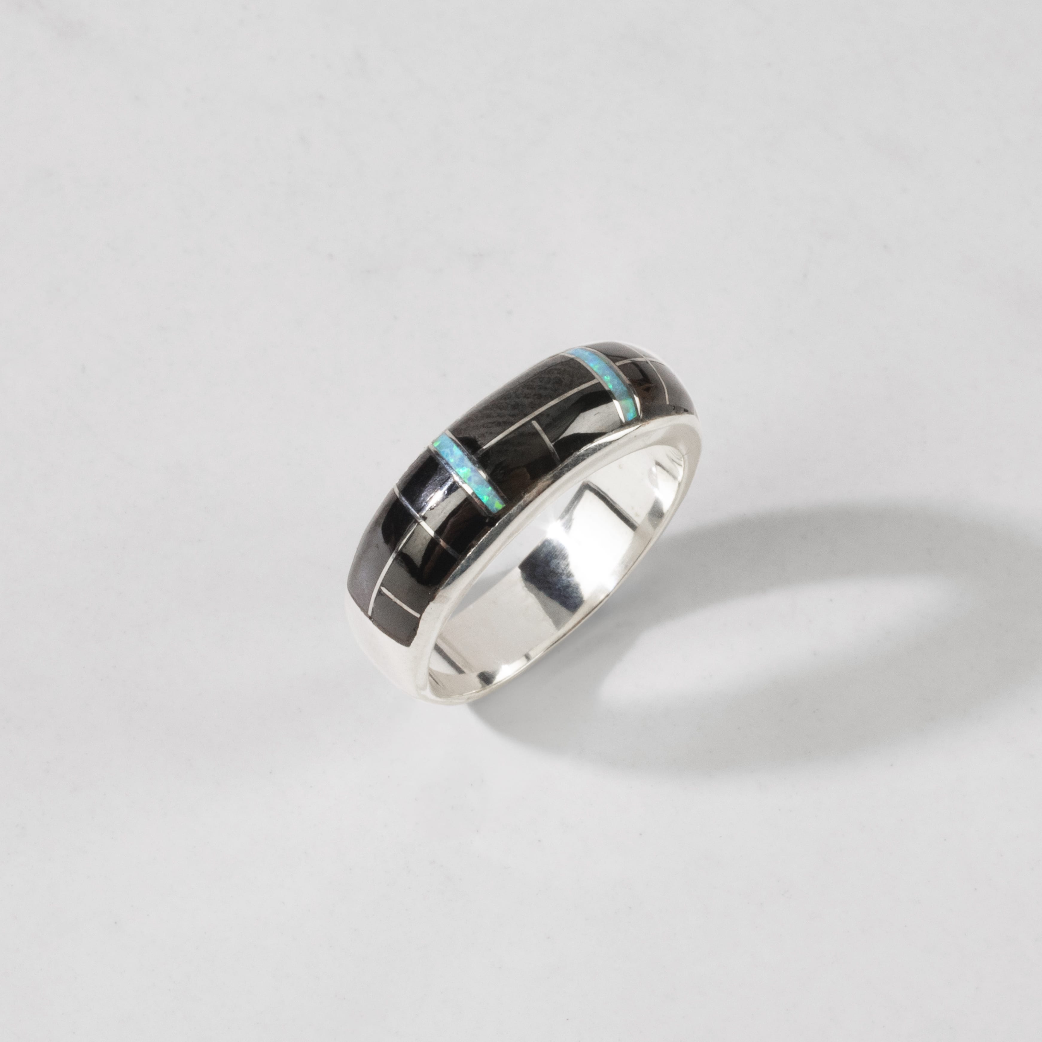 Kalifano Southwest Silver Jewelry Black Onyx 925 Sterling Silver Ring USA Handmade with Laboratory Opal Accent
