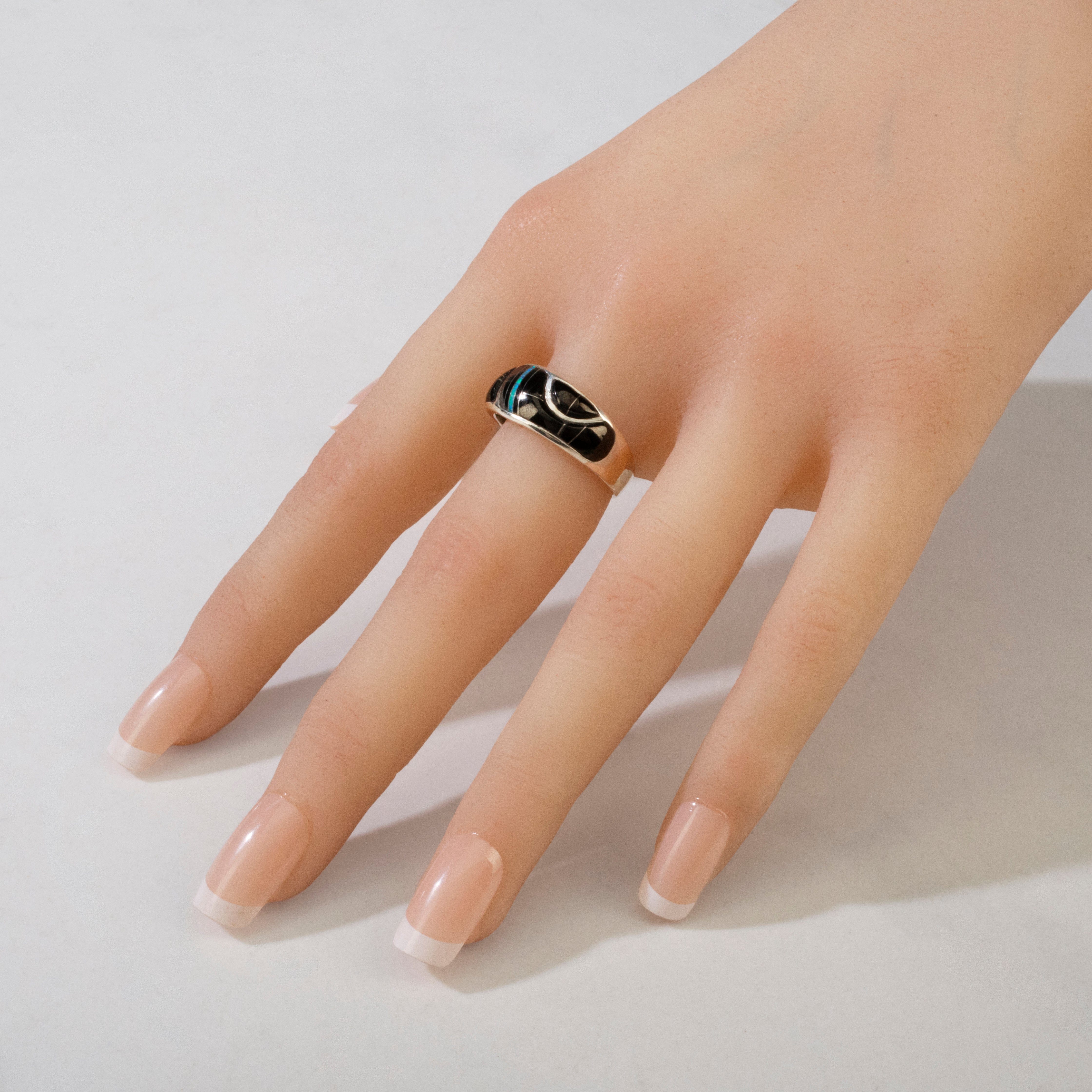 Kalifano Southwest Silver Jewelry Black Onyx 925 Sterling Silver Ring USA Handmade with Labratory Opal Accent