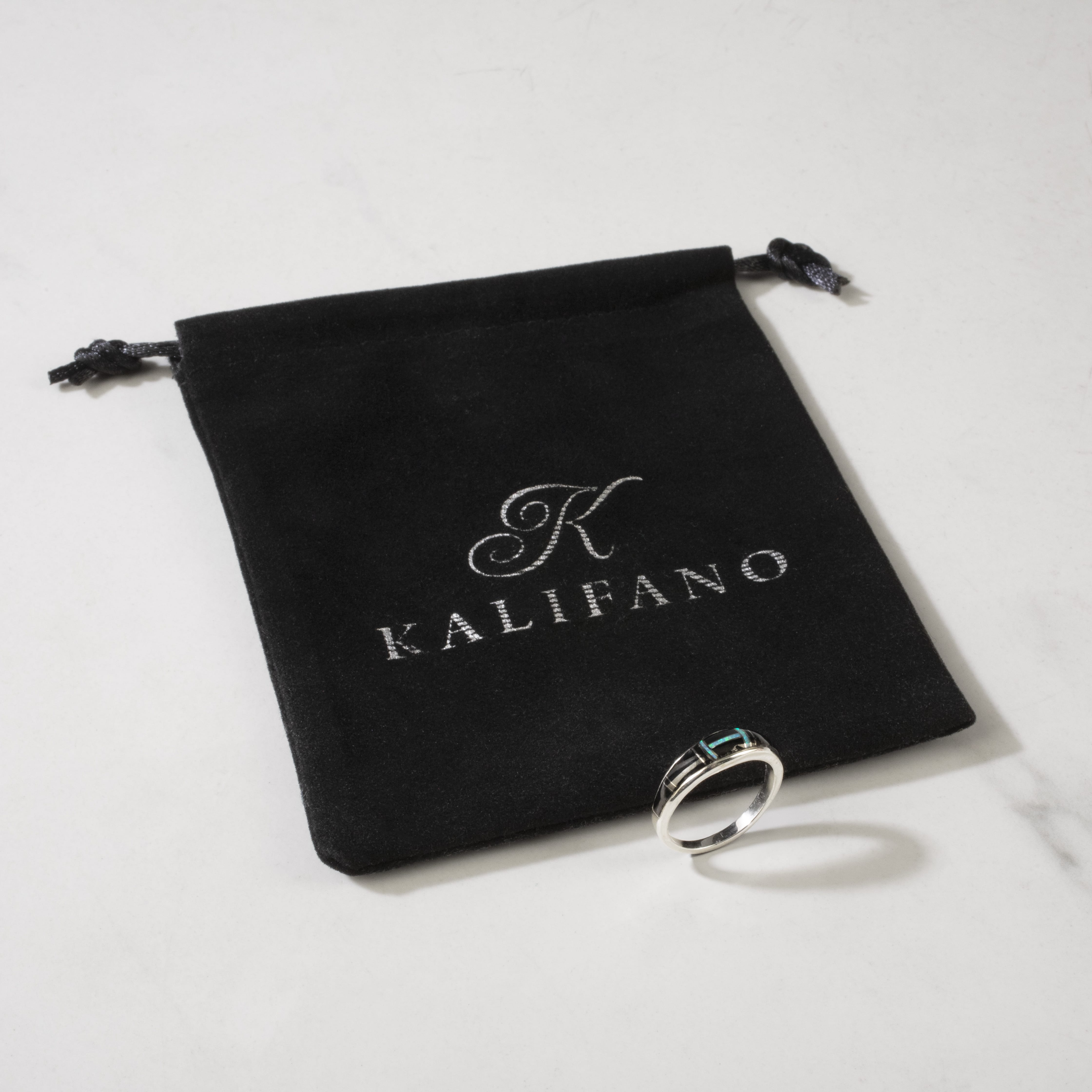 Kalifano Southwest Silver Jewelry Black Onyx 925 Sterling Silver Ring USA Handmade with Labratory Opal Accent