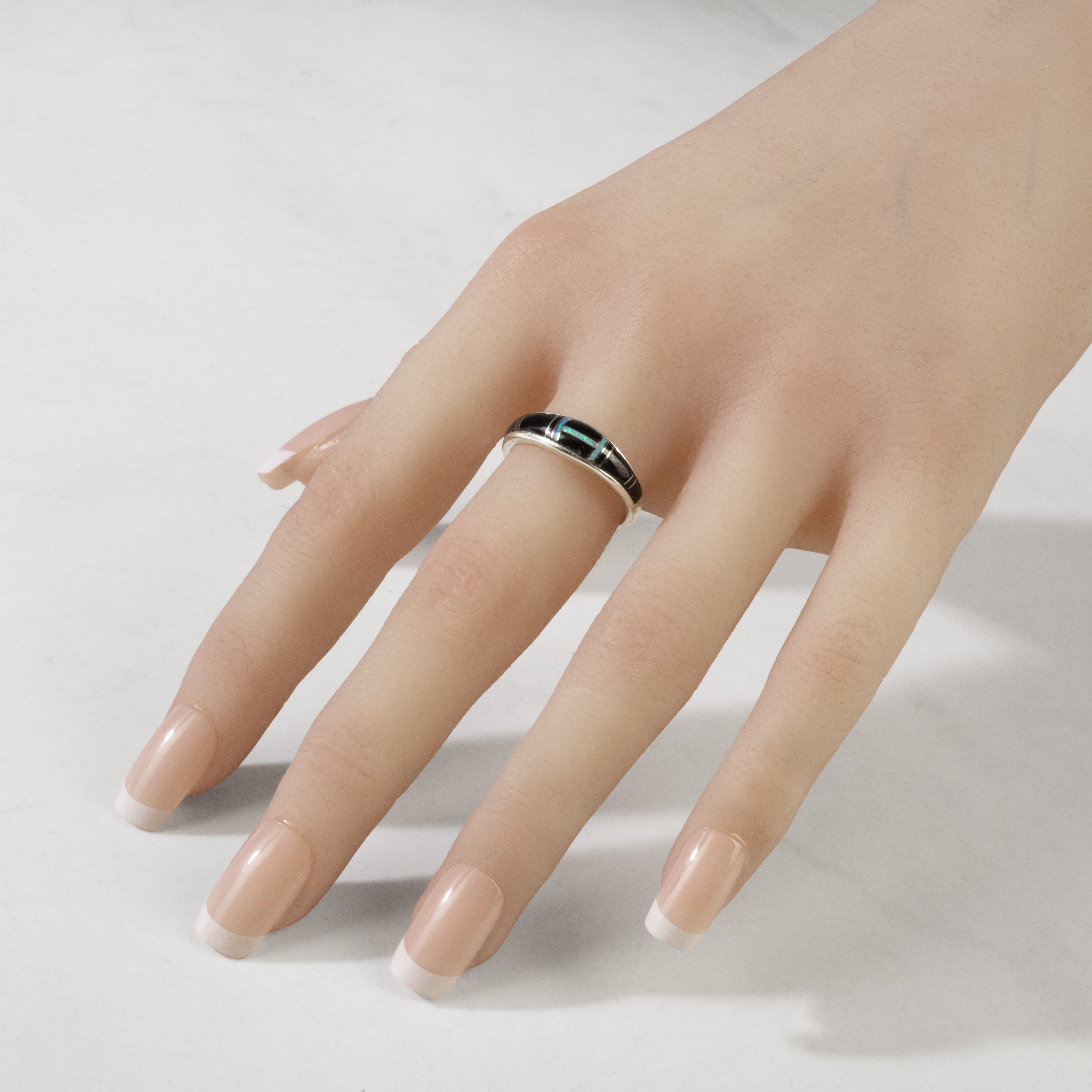 Kalifano Southwest Silver Jewelry Black Onyx 925 Sterling Silver Ring USA Handmade with Labratory Opal Accent