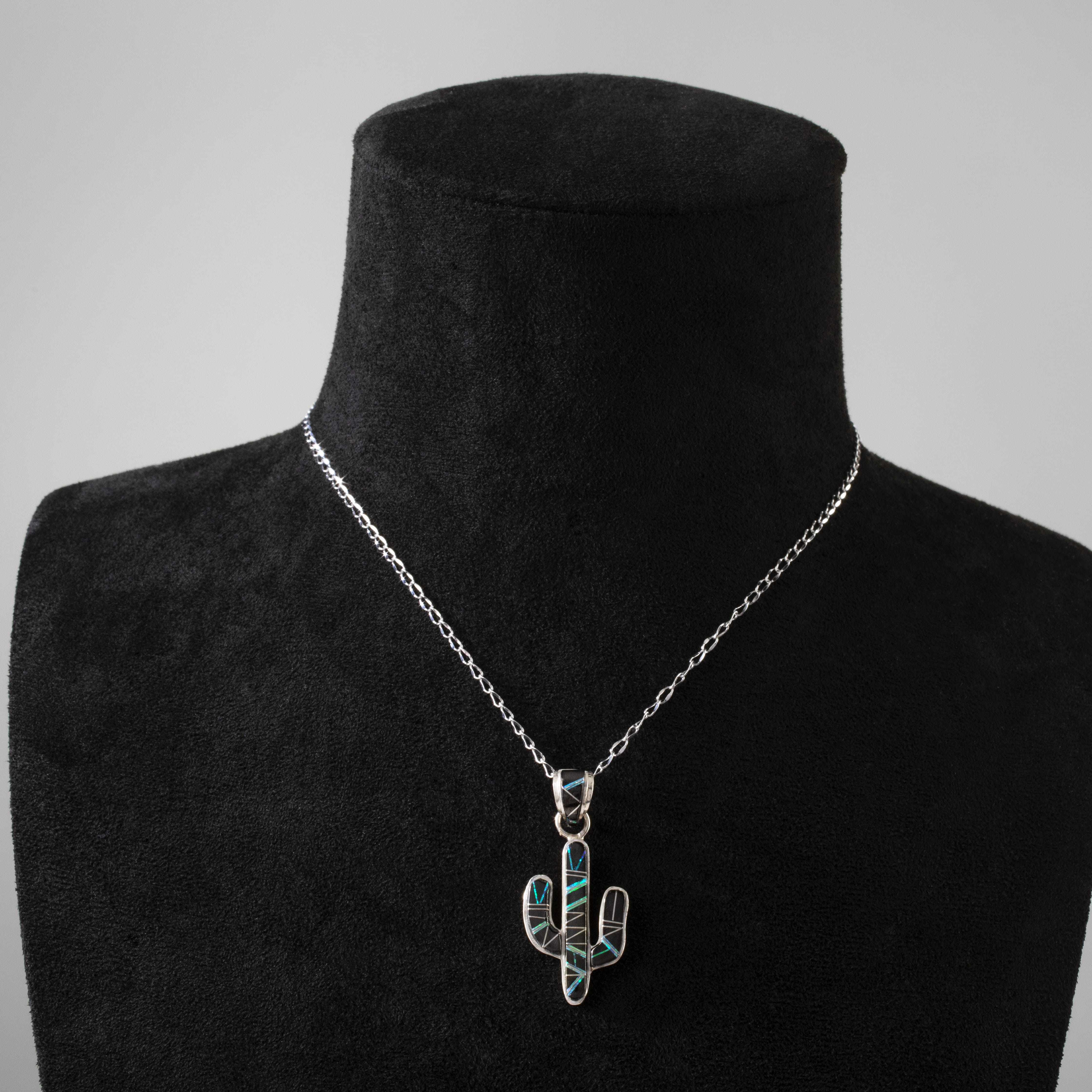 Kalifano Southwest Silver Jewelry Black Onyx Cactus 925 Sterling Silver Pendant USA Handmade with Opal Accent NMN.0602.BO