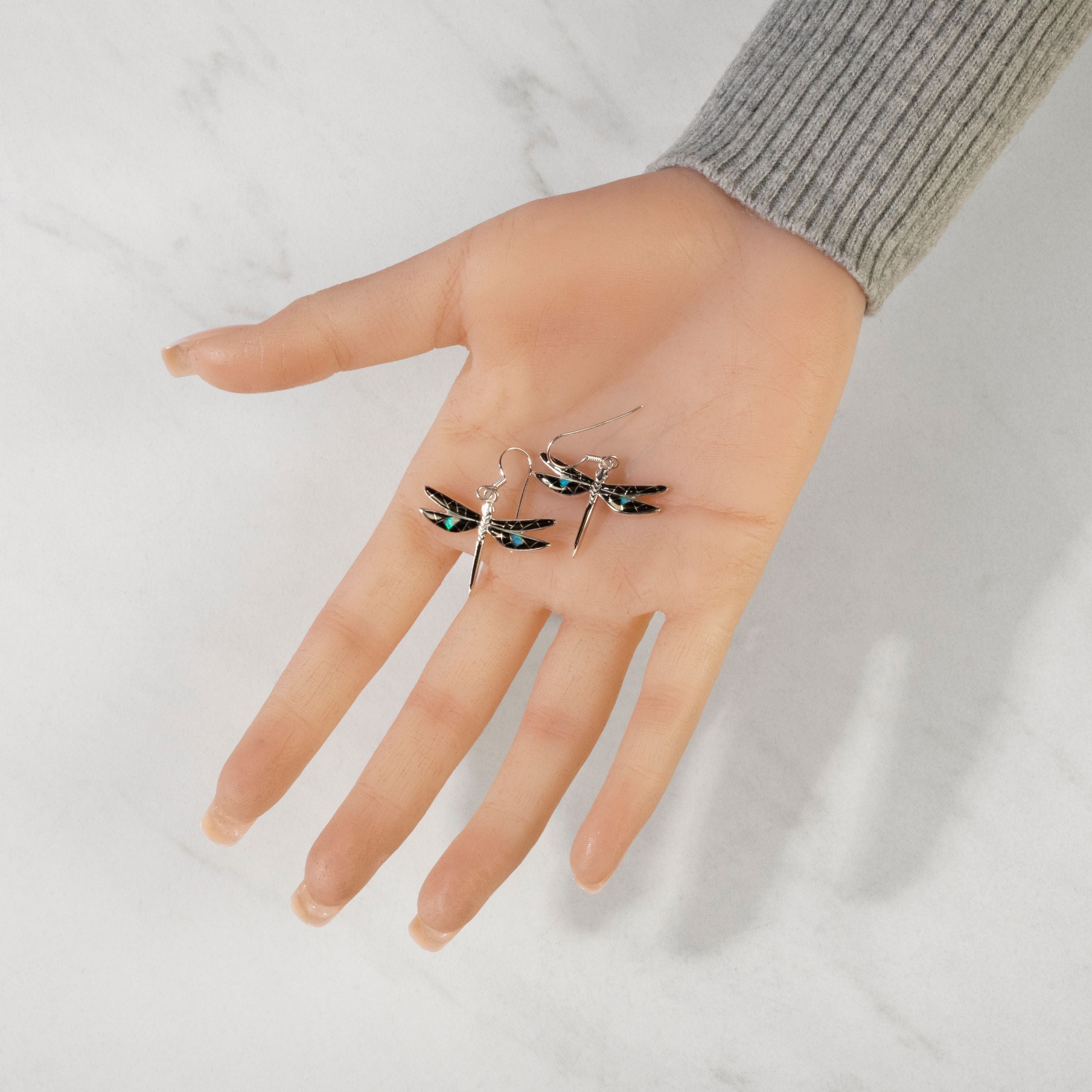 Kalifano Southwest Silver Jewelry Black Onyx Dragonfly 925 Sterling Silver USA Handmade Earring with French Hook NME.2296S.BO