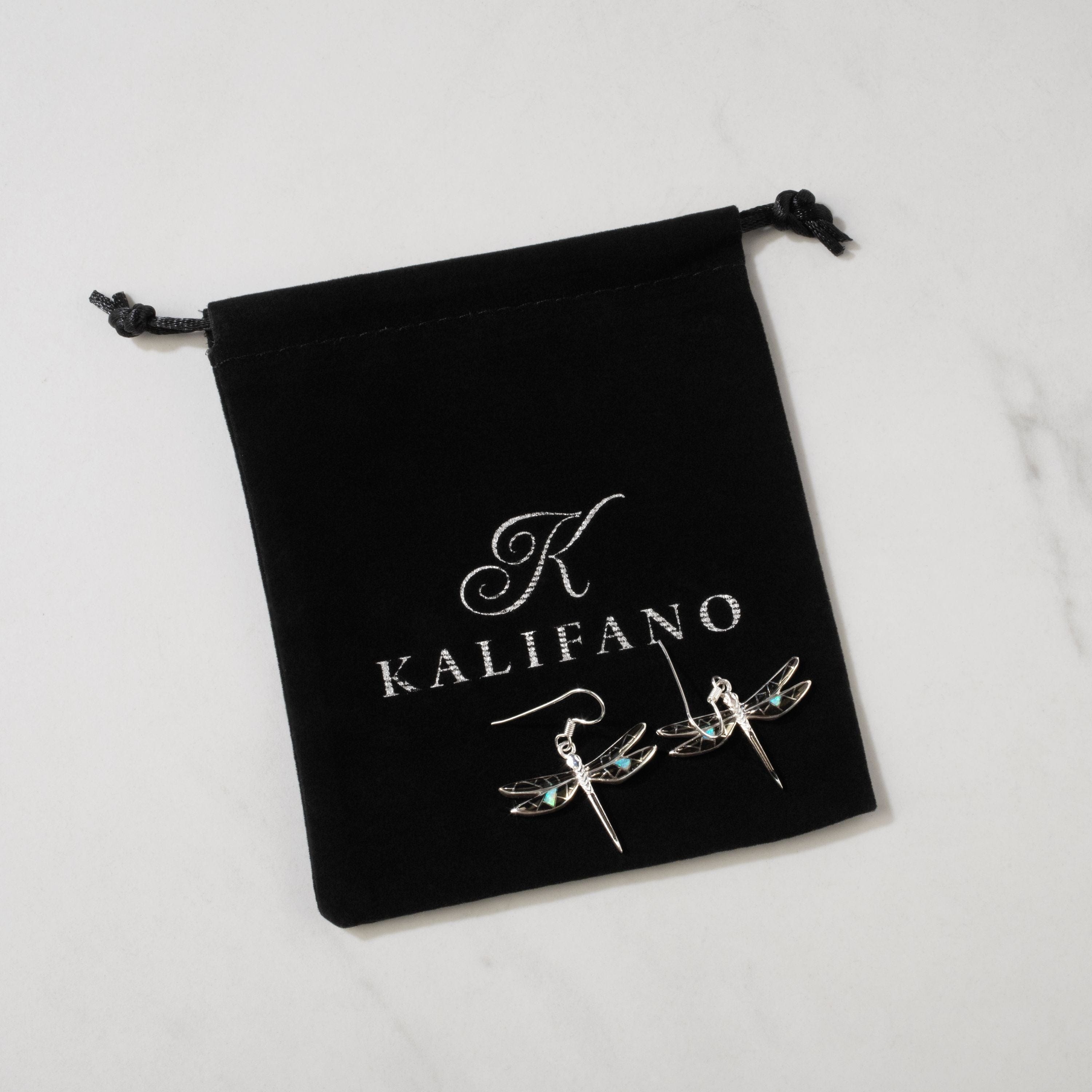 Kalifano Southwest Silver Jewelry Black Onyx Dragonfly 925 Sterling Silver USA Handmade Earring with French Hook NME.2296S.BO