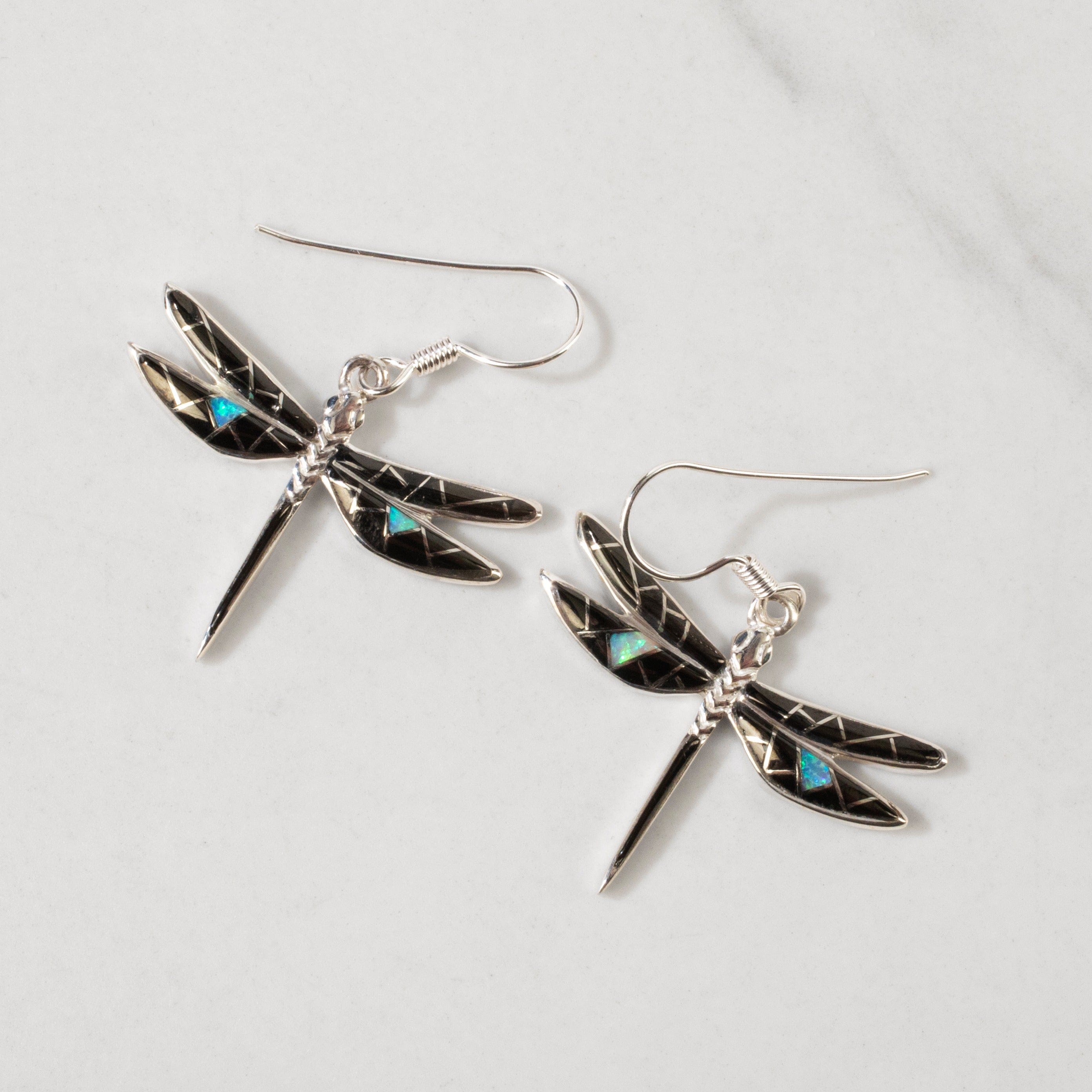 Kalifano Southwest Silver Jewelry Black Onyx Dragonfly 925 Sterling Silver USA Handmade Earring with French Hook NME.2296S.BO