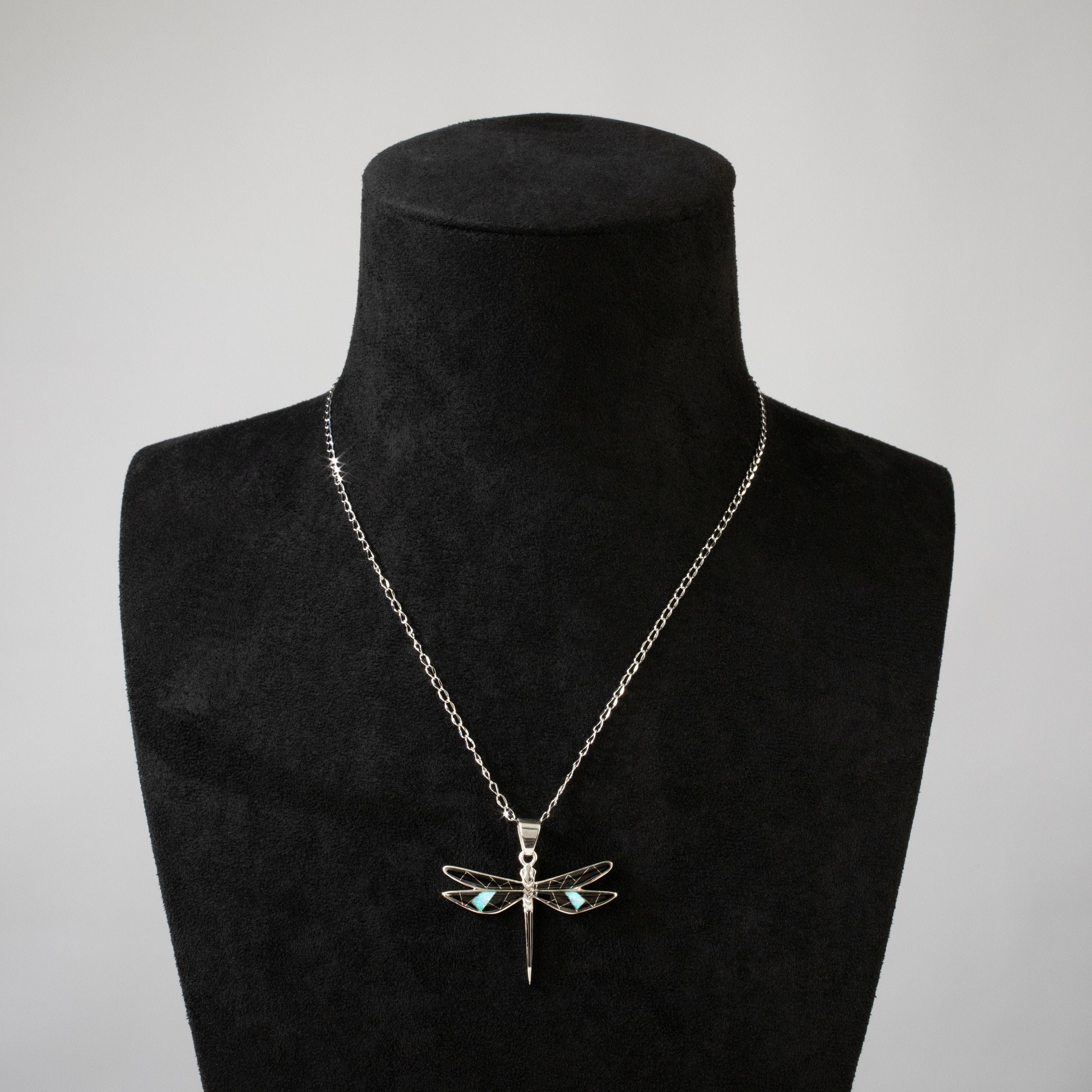 Kalifano Southwest Silver Jewelry Black Onyx Dragonfly 925 Sterling Silver USA Handmade Pendant with Opal Accent NMN.2296S.BO