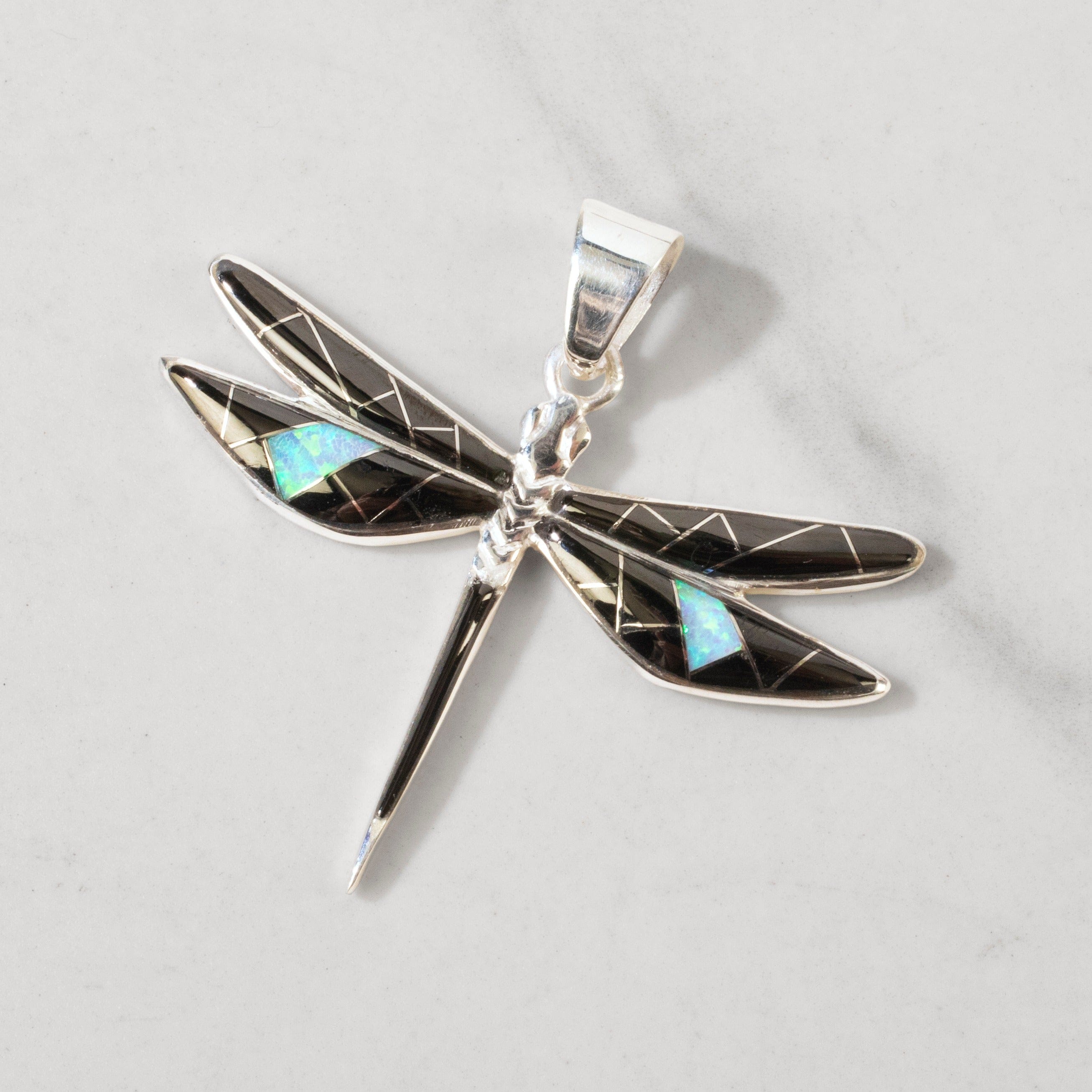 Kalifano Southwest Silver Jewelry Black Onyx Dragonfly 925 Sterling Silver USA Handmade Pendant with Opal Accent NMN.2296S.BO