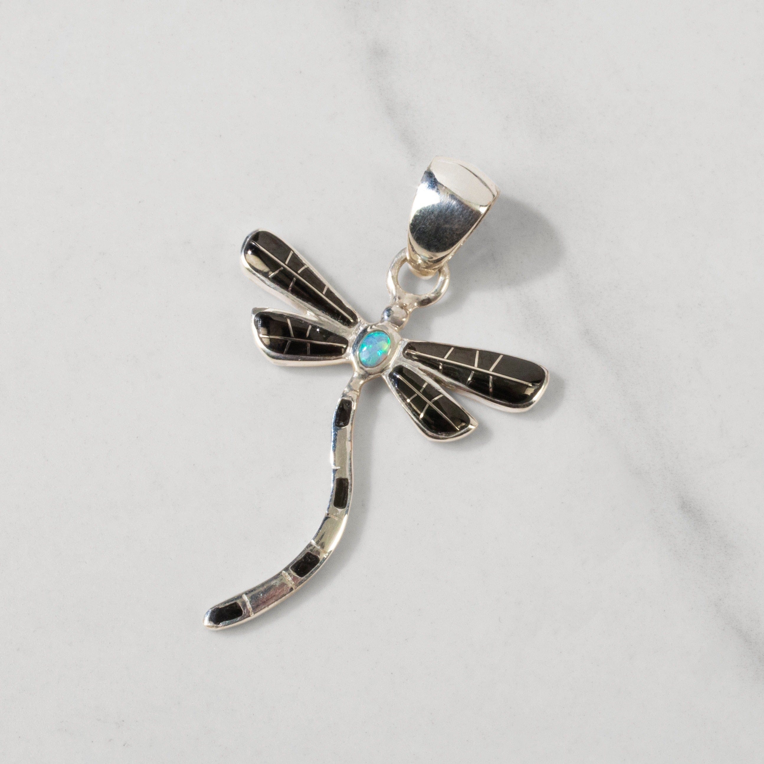 Kalifano Southwest Silver Jewelry Black Onyx Dragonfly USA Handmade 925 Sterling Silver Pendant with Opal Accent NMN.0893S.BO