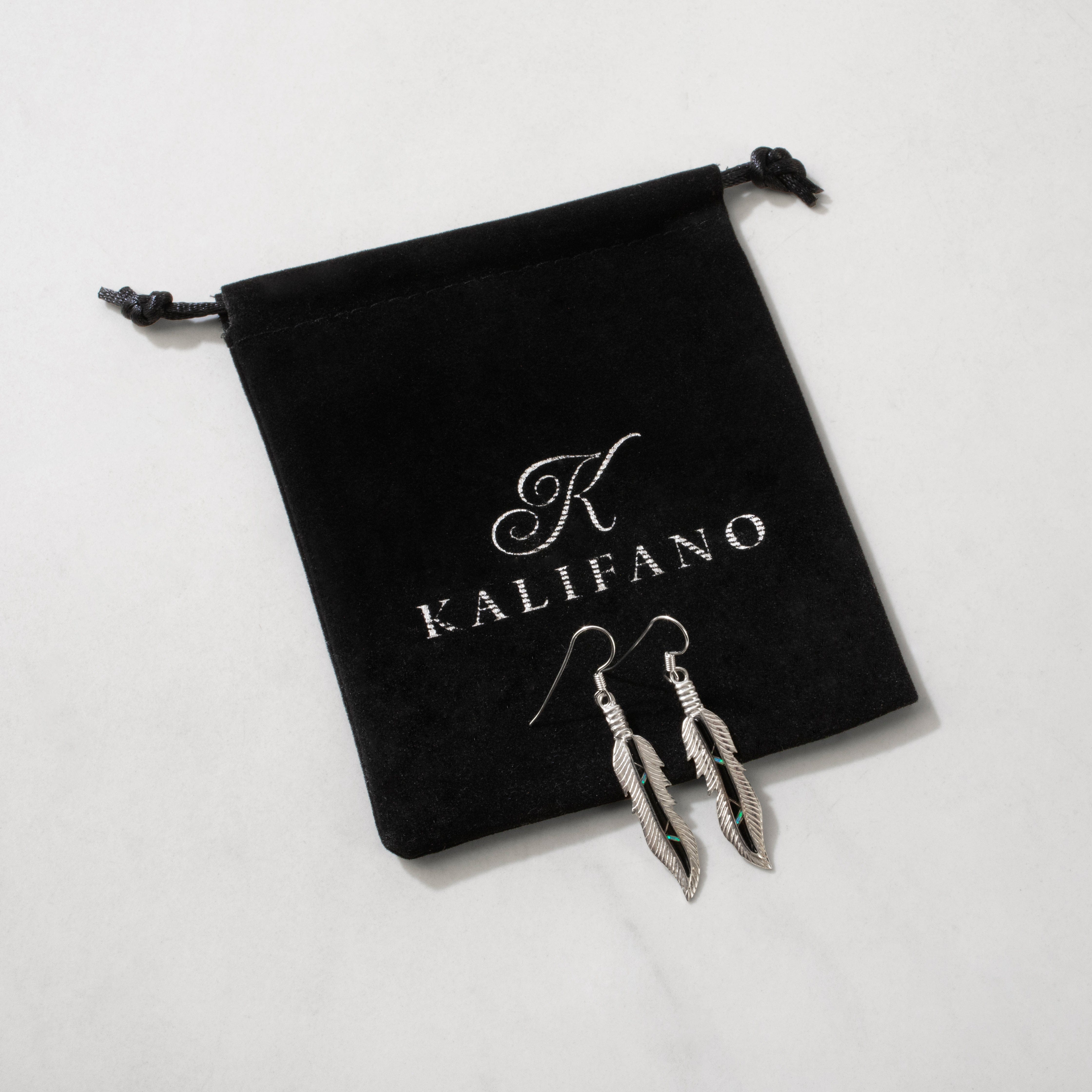 Kalifano Southwest Silver Jewelry Black Onyx Feather 925 Sterling Silver USA Handmade Earrings with French Hook NME.2224.BO