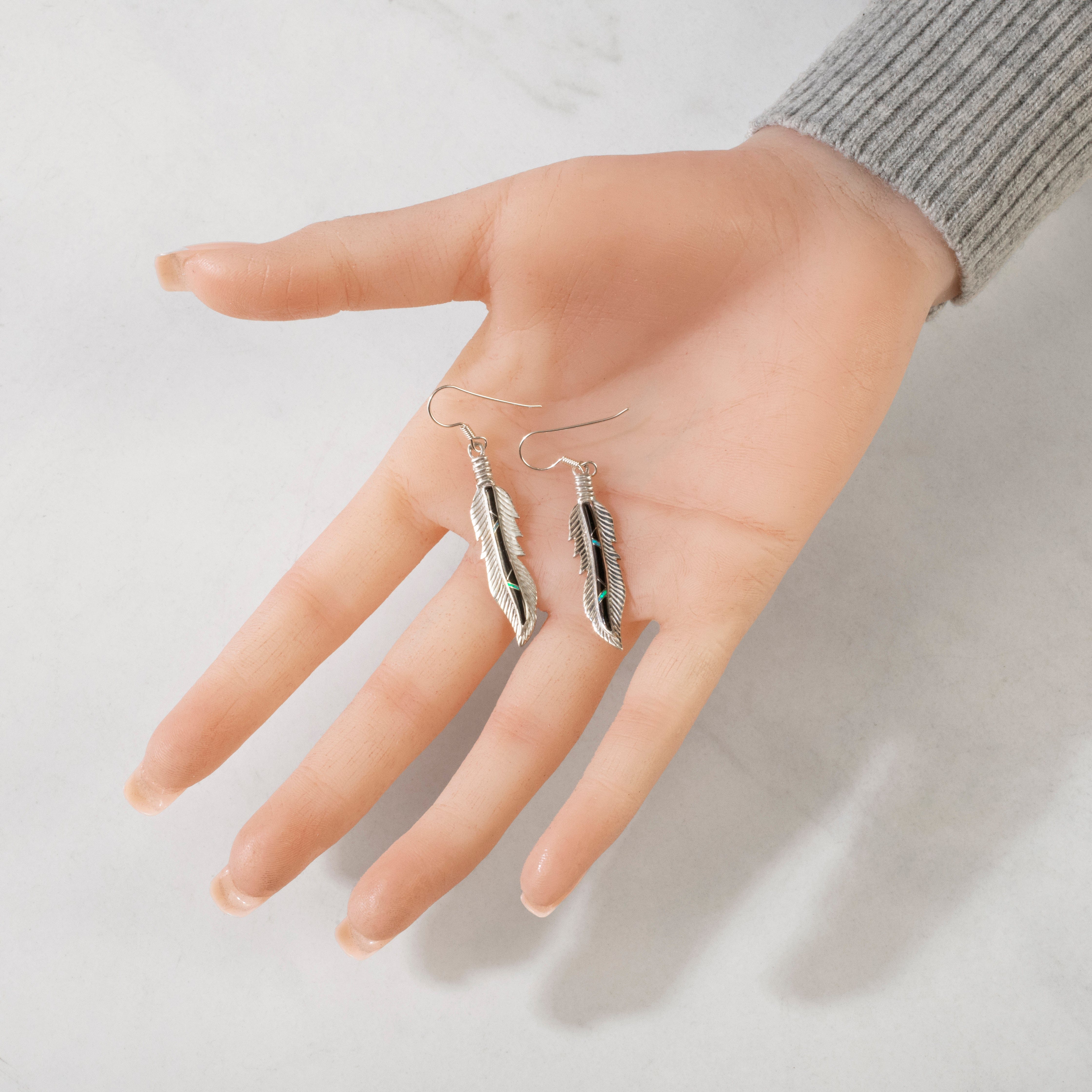 Kalifano Southwest Silver Jewelry Black Onyx Feather 925 Sterling Silver USA Handmade Earrings with French Hook NME.2224.BO