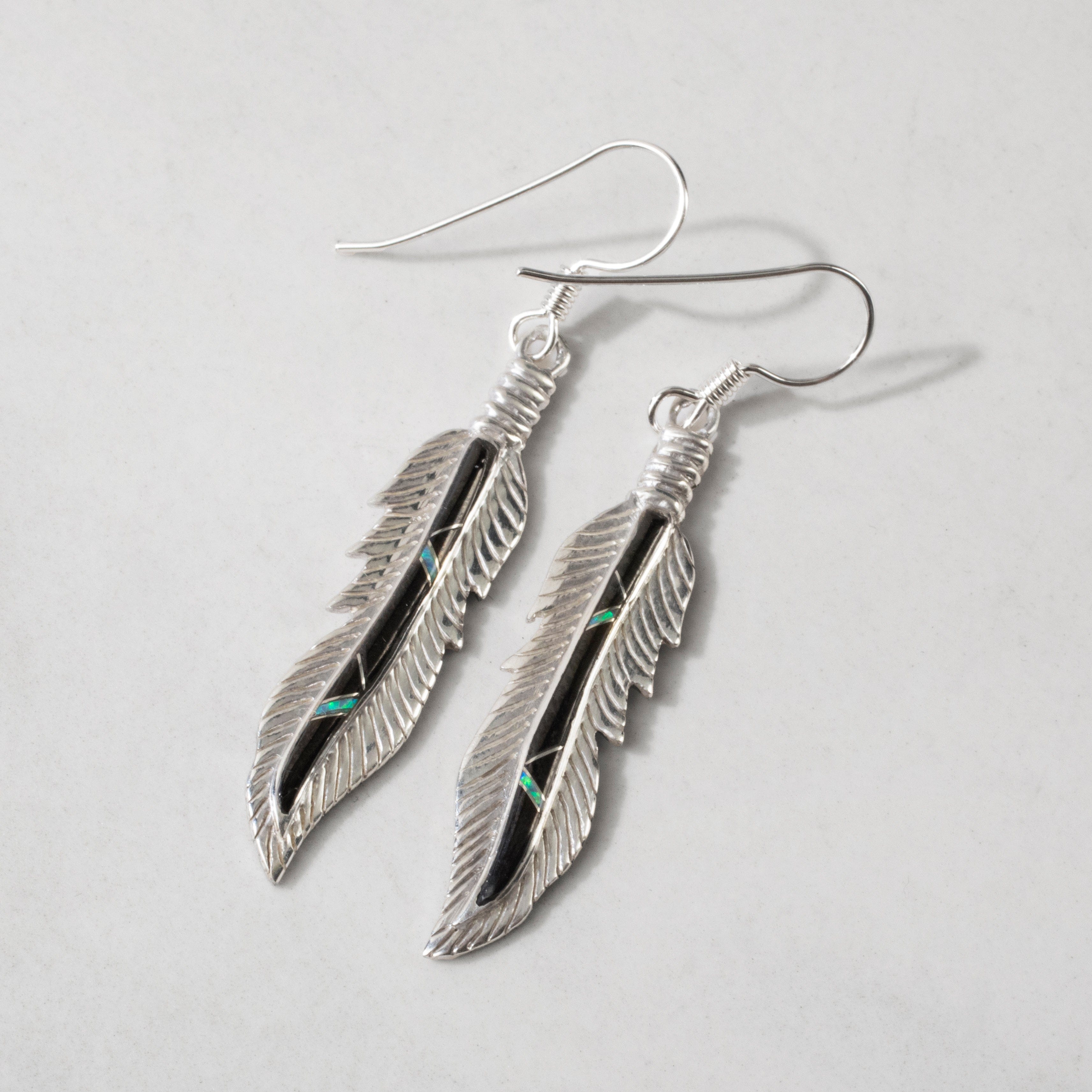 Kalifano Southwest Silver Jewelry Black Onyx Feather 925 Sterling Silver USA Handmade Earrings with French Hook NME.2224.BO