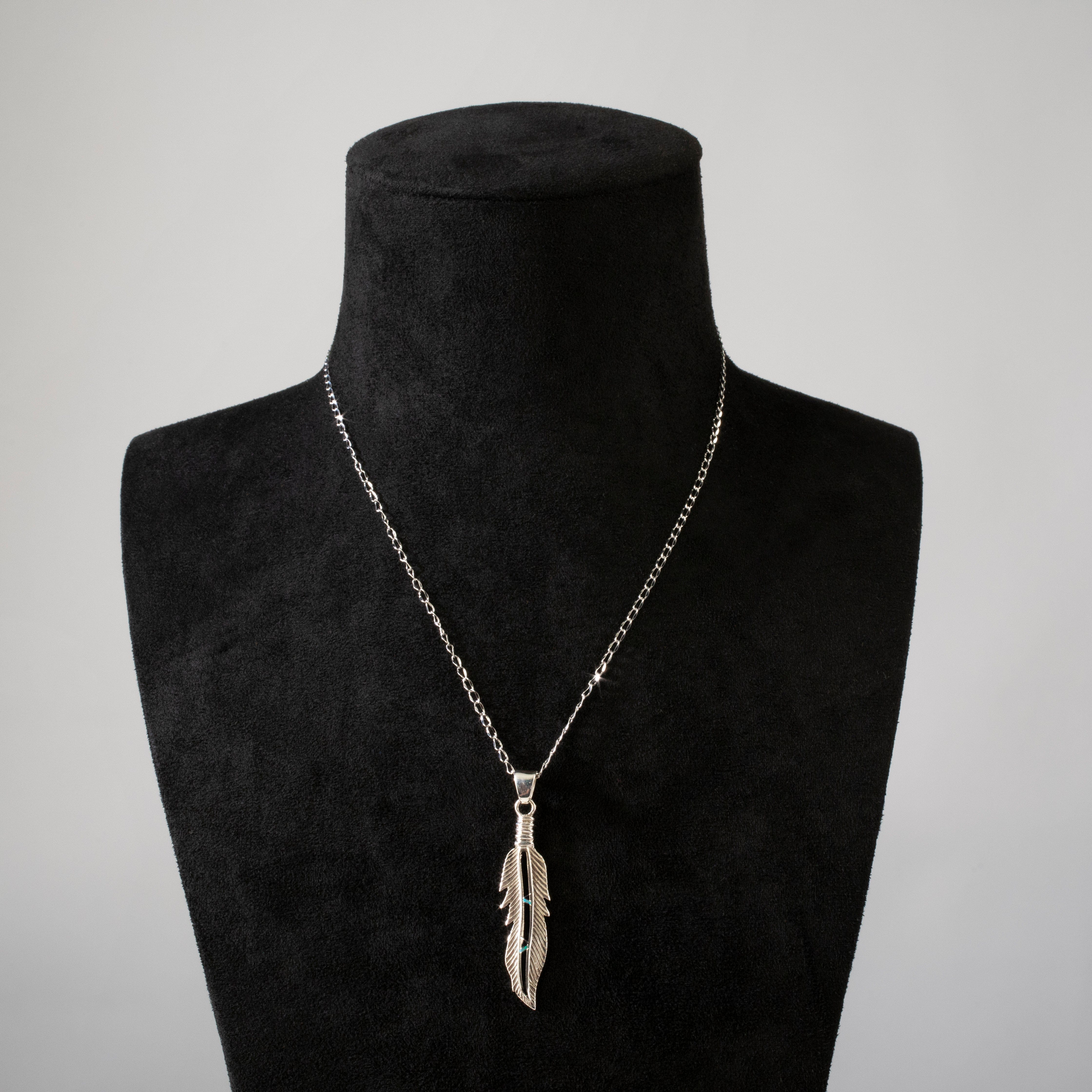 Kalifano Southwest Silver Jewelry Black Onyx Feather USA Handmade 925 Sterling Silver Pendant with Opal Accent NMN.2224.BO
