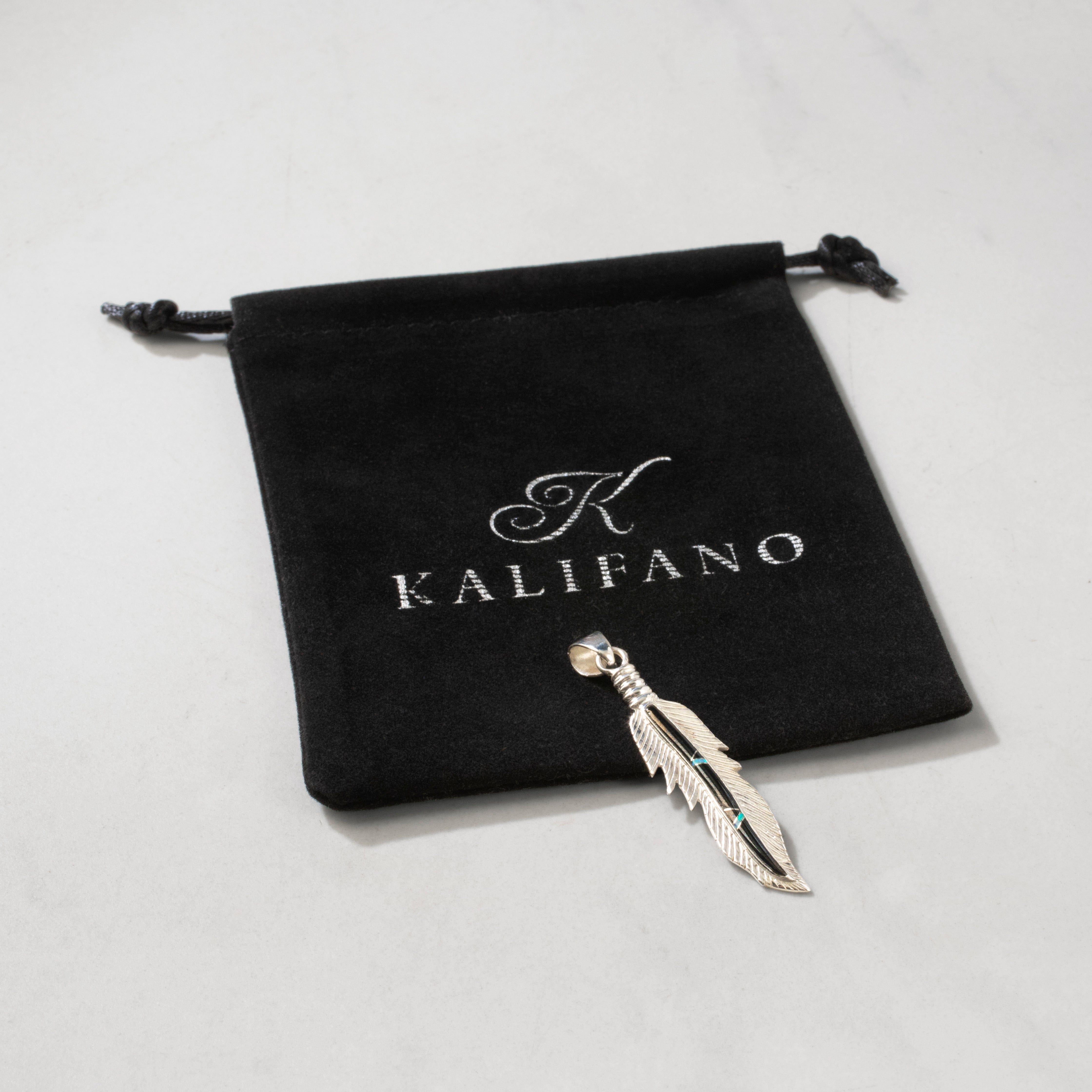 Kalifano Southwest Silver Jewelry Black Onyx Feather USA Handmade 925 Sterling Silver Pendant with Opal Accent NMN.2224.BO