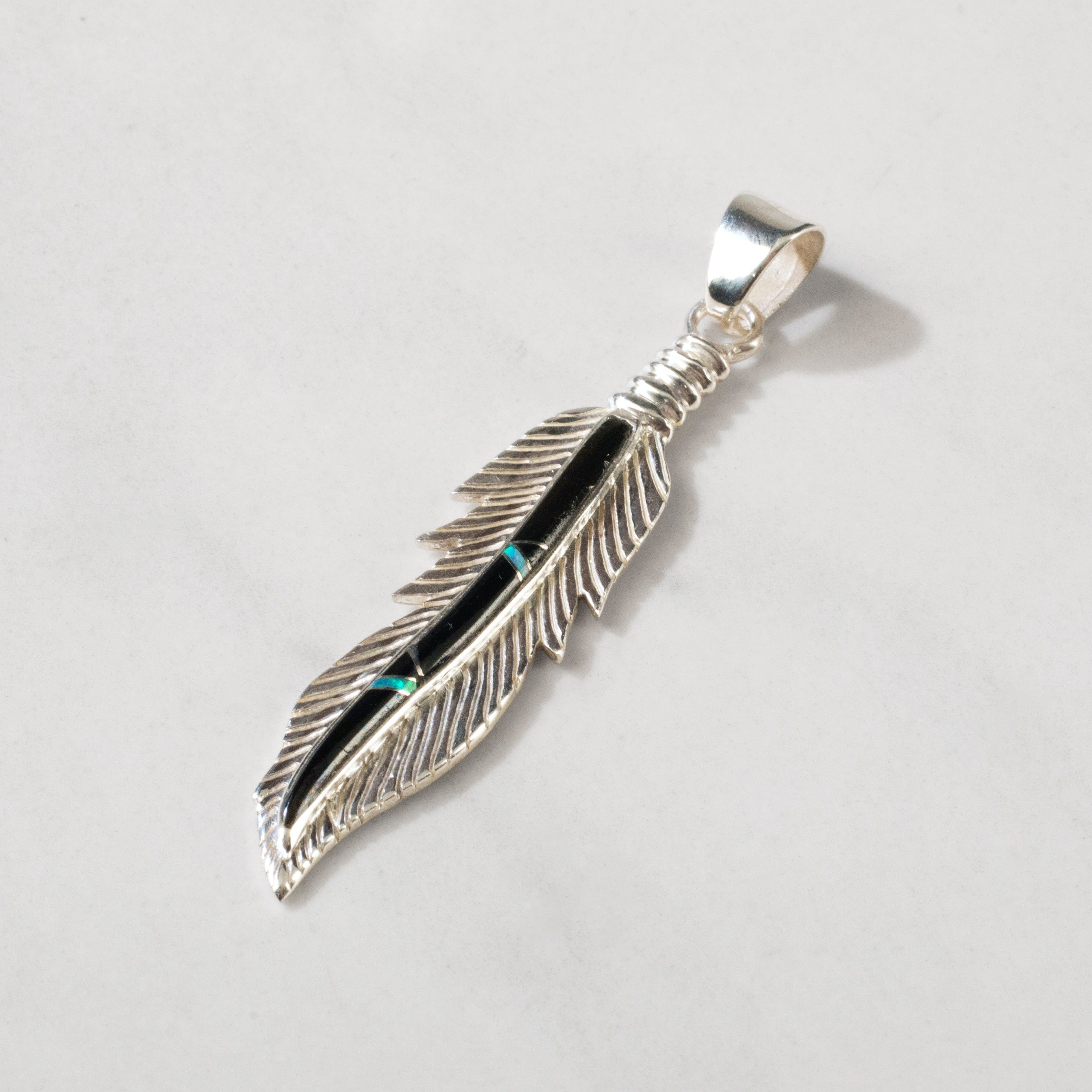 Kalifano Southwest Silver Jewelry Black Onyx Feather USA Handmade 925 Sterling Silver Pendant with Opal Accent NMN.2224.BO