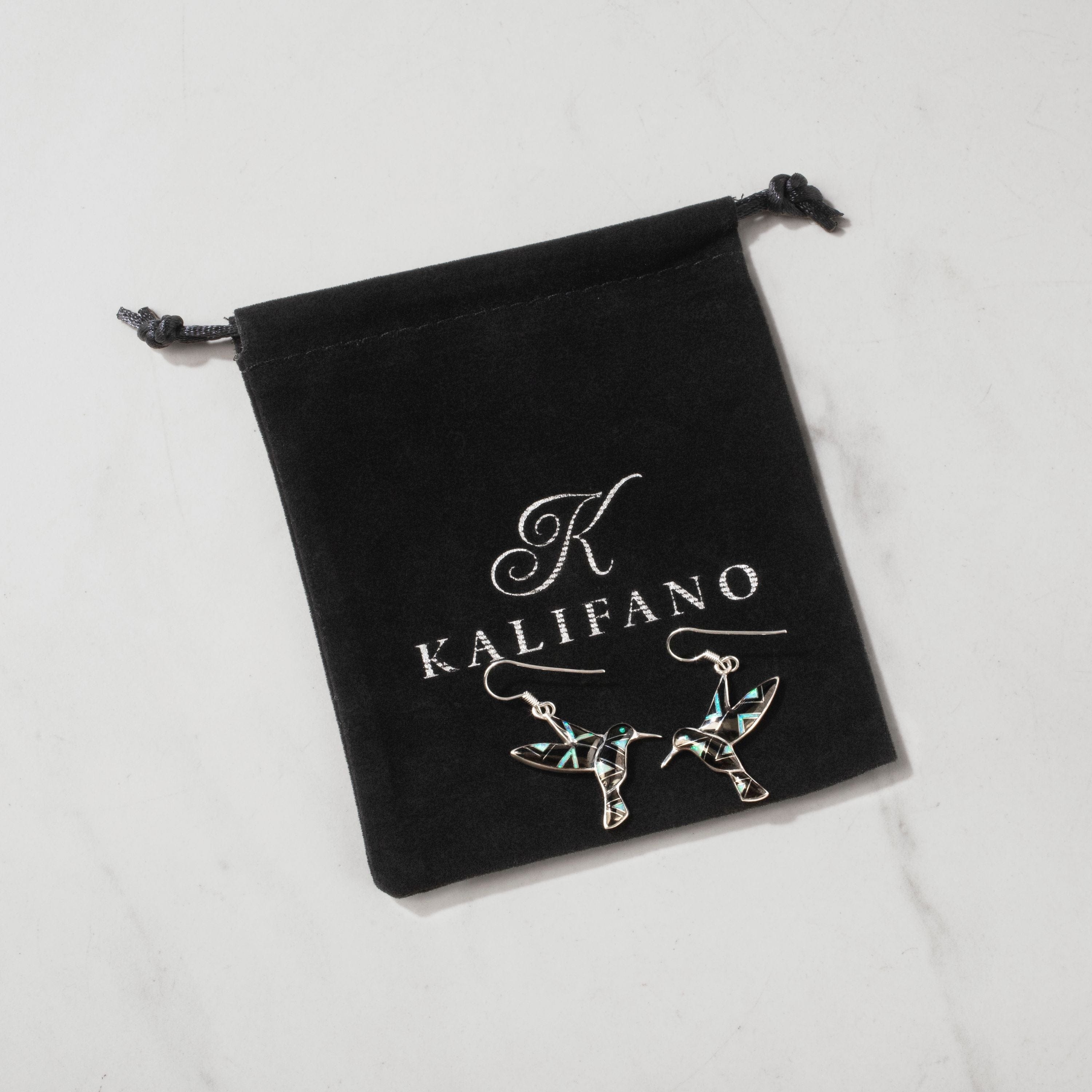 Kalifano Southwest Silver Jewelry Black Onyx Hummingbird 925 Sterling Silver USA Handmade Earrings with French Hook NME.2323.BO