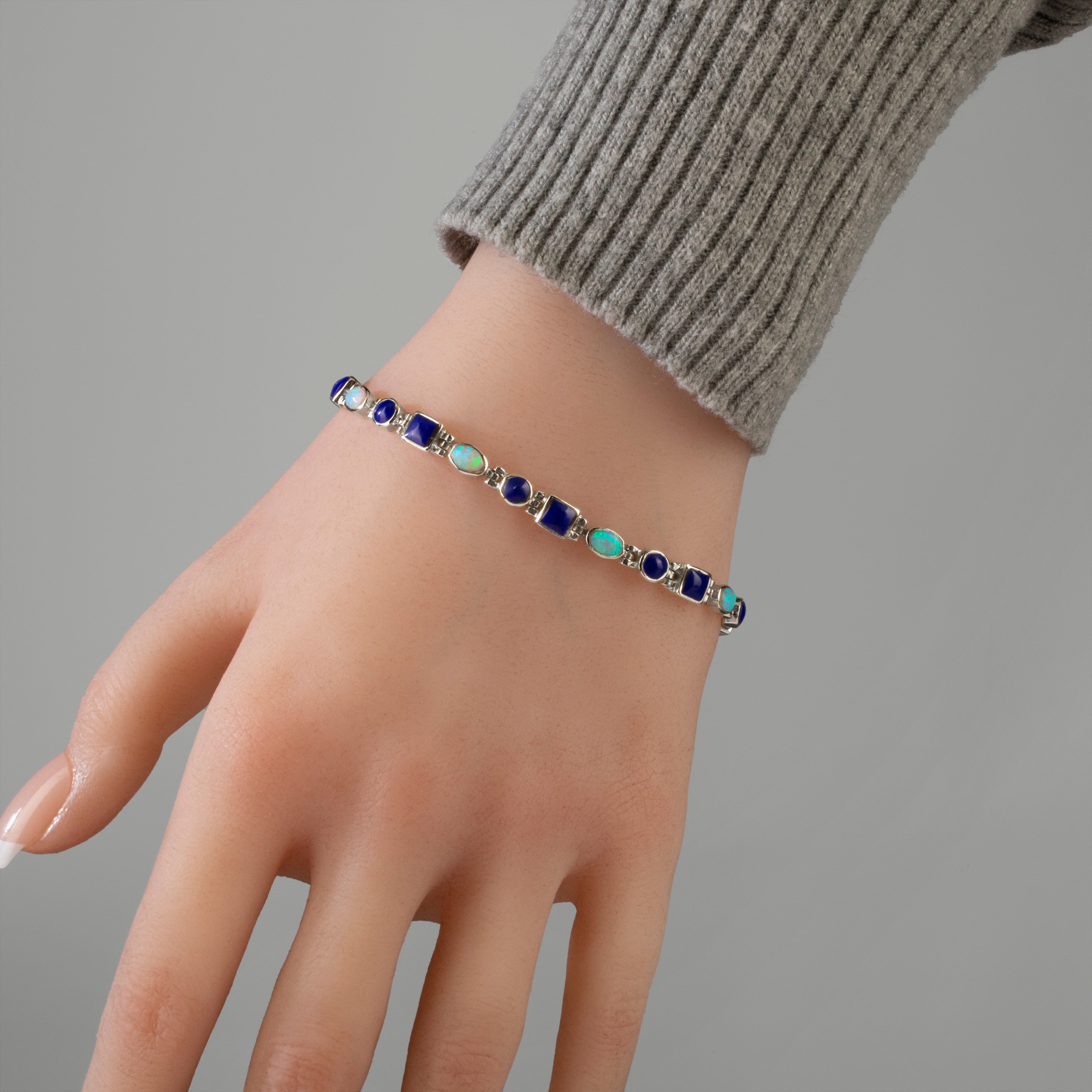 Kalifano Southwest Silver Jewelry Lapis 925 Sterling Silver Bracelet USA Handmade with Opal Accent NMB.0548.LP