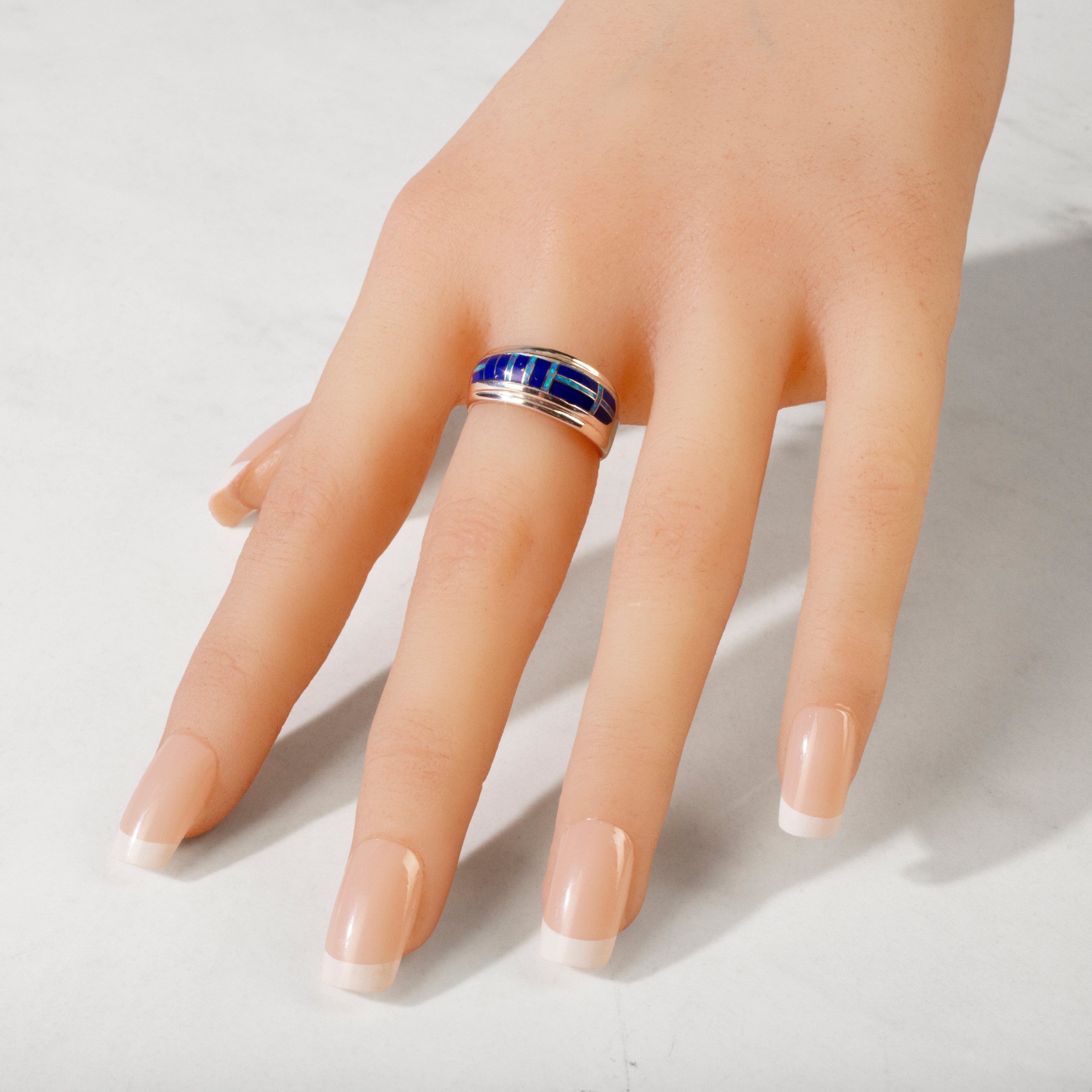 Kalifano Southwest Silver Jewelry Lapis 925 Sterling Silver Ring Handmade with Laboratory Opal Accent