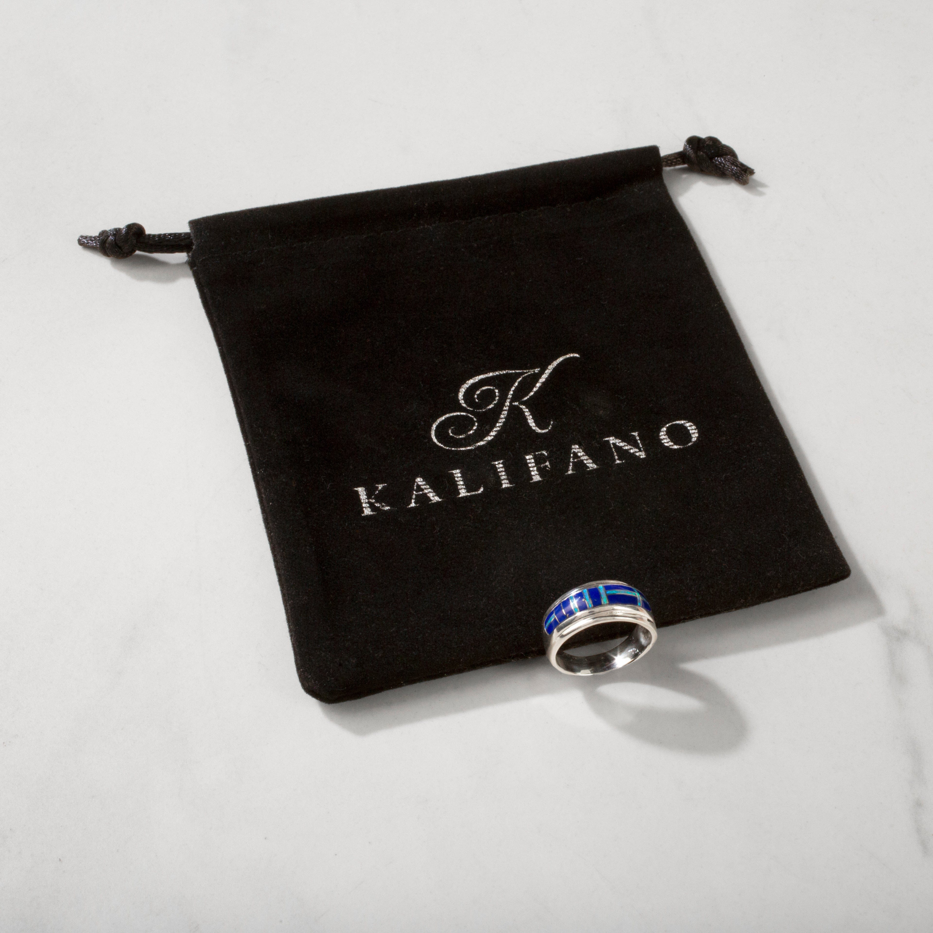 Kalifano Southwest Silver Jewelry Lapis 925 Sterling Silver Ring Handmade with Laboratory Opal Accent