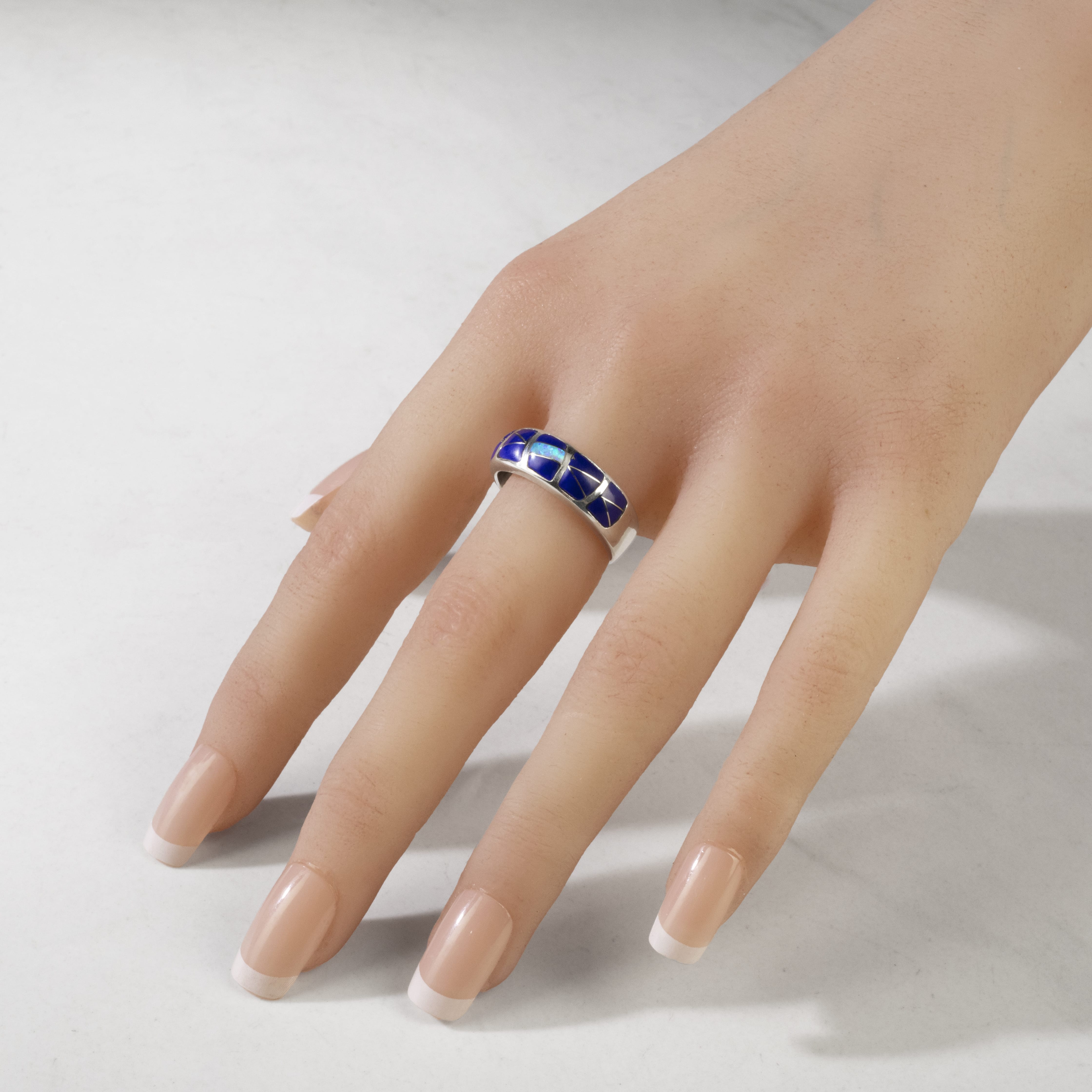 Kalifano Southwest Silver Jewelry Lapis 925 Sterling Silver Ring Handmade with Laboratory Opal Accent