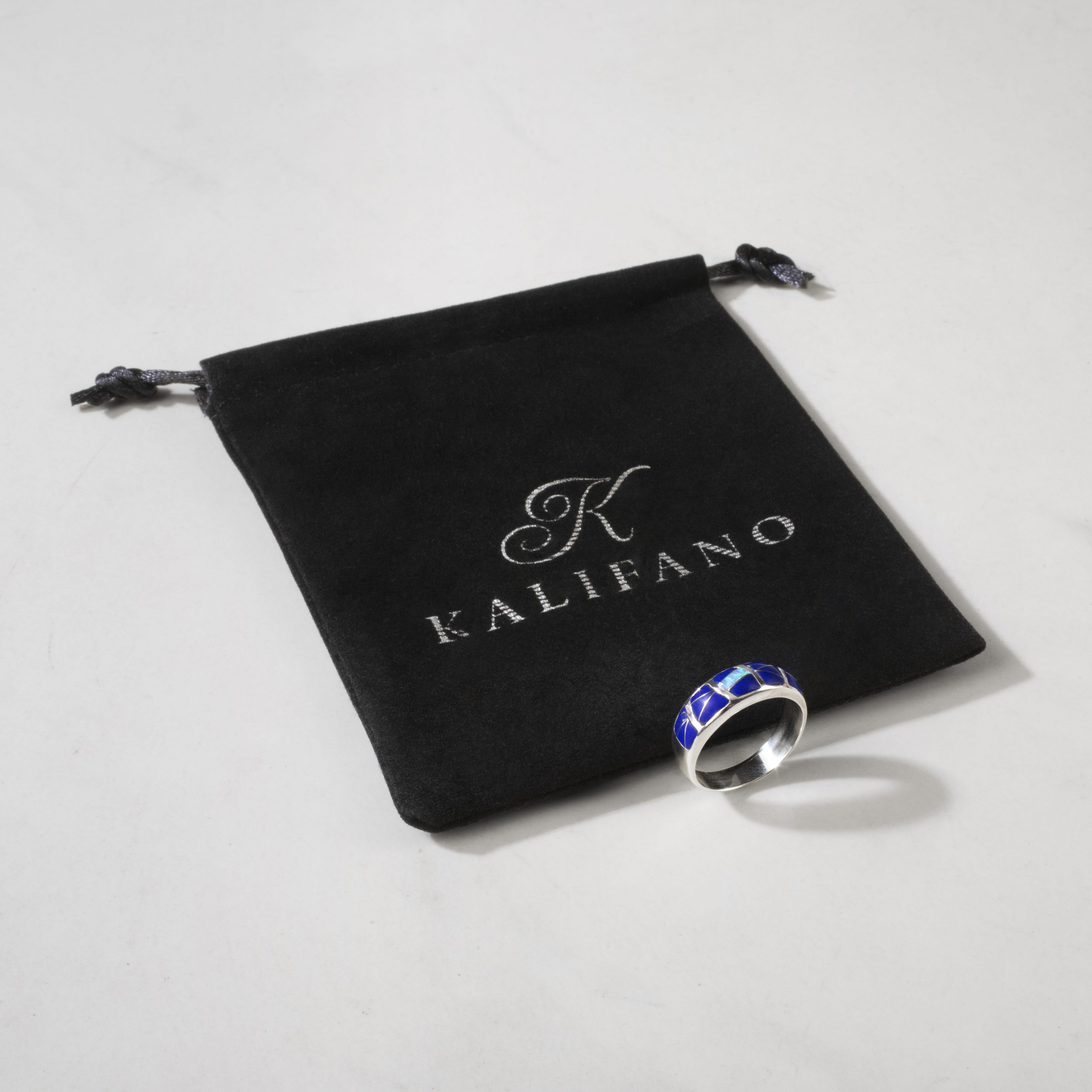 Kalifano Southwest Silver Jewelry Lapis 925 Sterling Silver Ring Handmade with Laboratory Opal Accent
