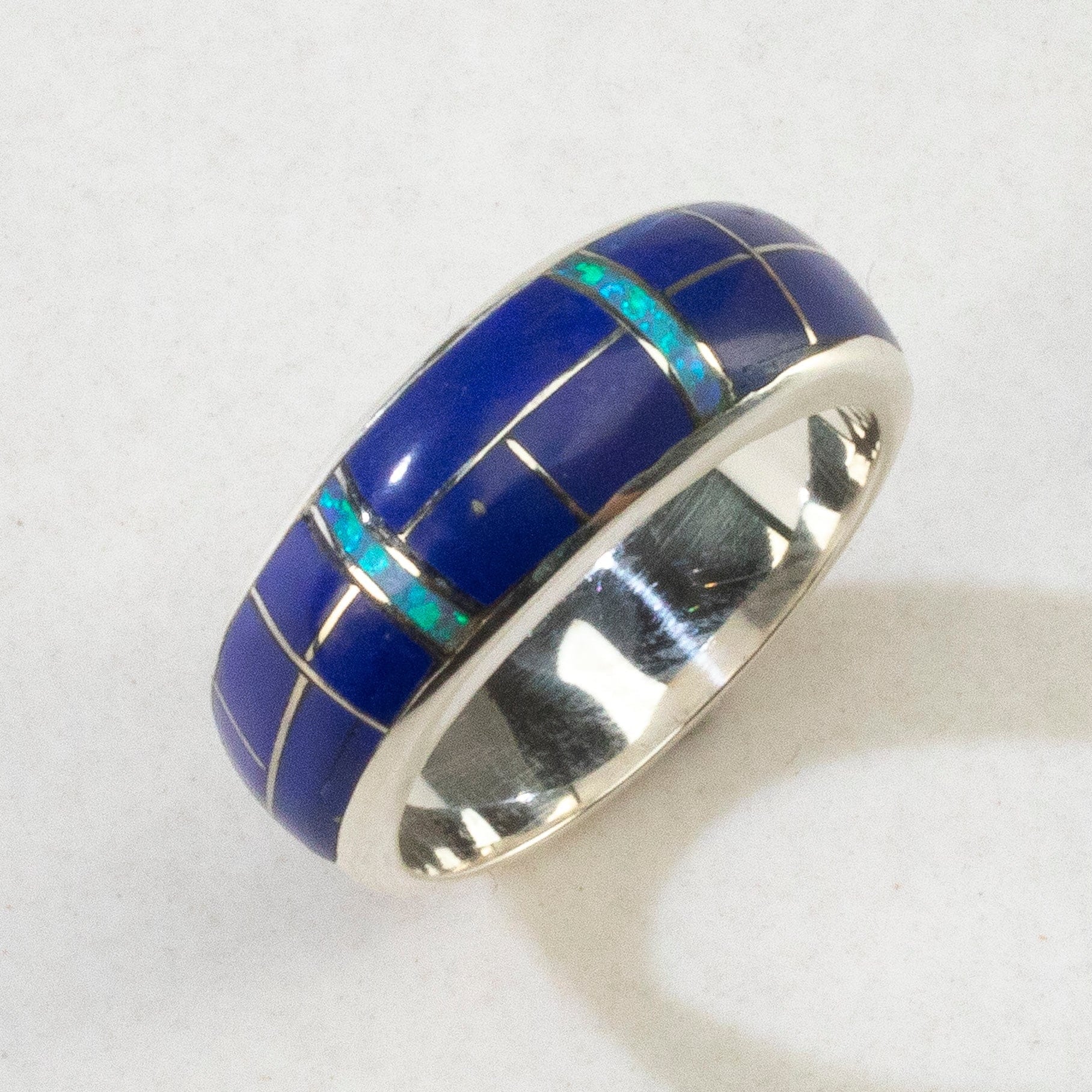 Kalifano Southwest Silver Jewelry Lapis 925 Sterling Silver Ring USA Handmade with Laboratory Opal Accent