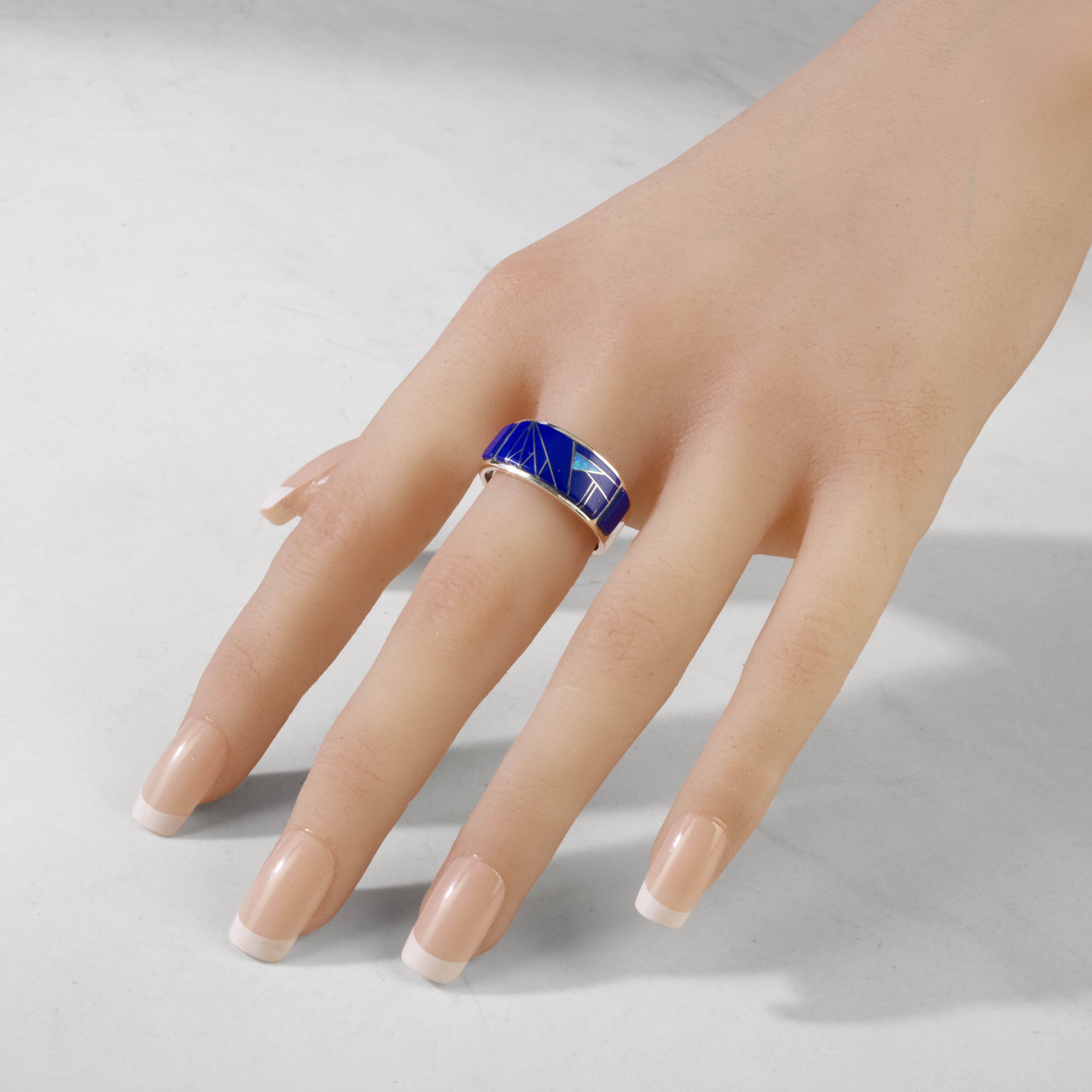 Kalifano Southwest Silver Jewelry Lapis 925 Sterling Silver Ring USA Handmade with Laboratory Opal Accent