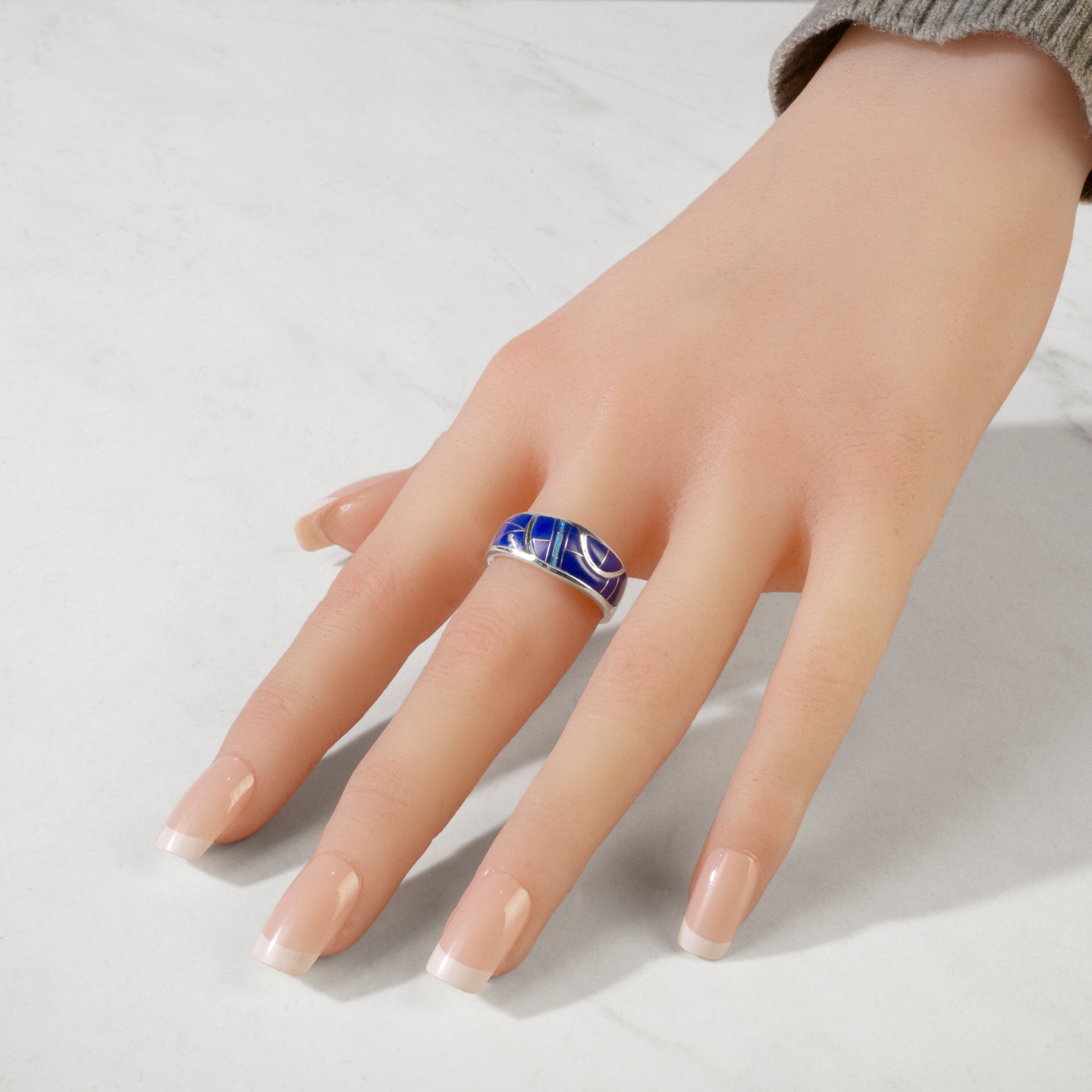 Kalifano Southwest Silver Jewelry Lapis 925 Sterling Silver Ring USA Handmade with Labratory Opal Accent