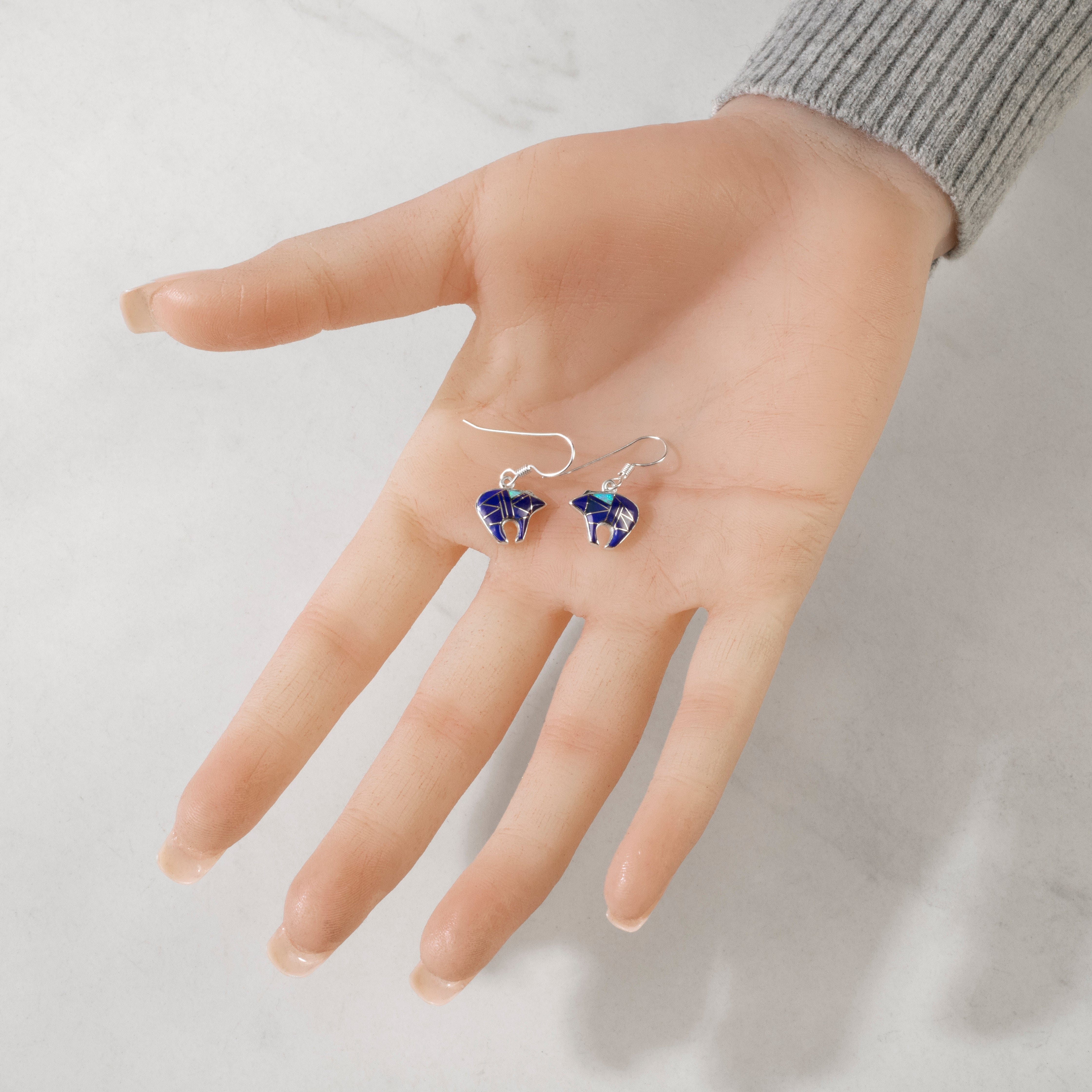 Kalifano Southwest Silver Jewelry Lapis Bear 925 Sterling Silver USA Handmade Earring with French Hook NME.2116.LP