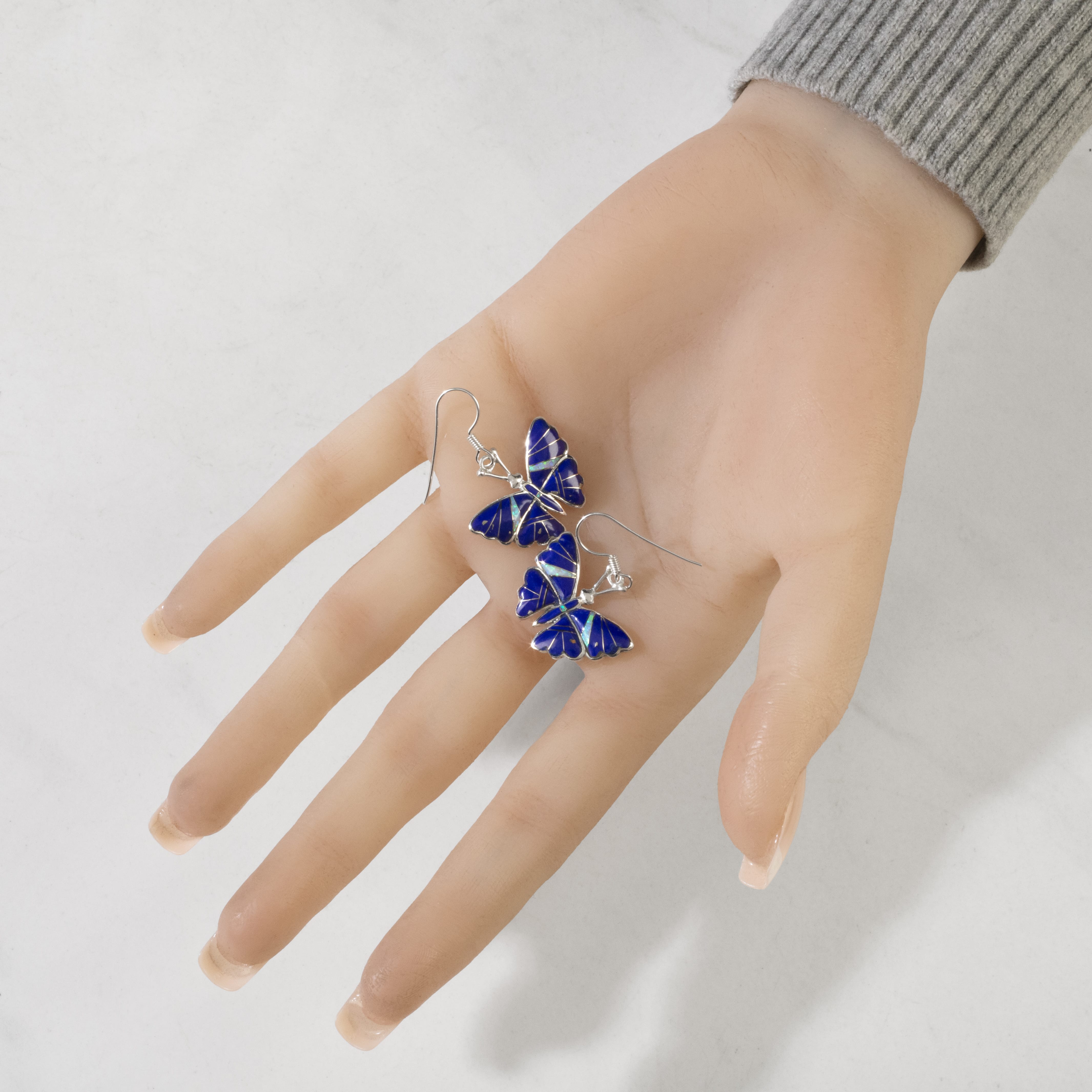 KALIFANO Southwest Silver Jewelry Lapis Butterfly Sterling Silver Earrings with French Hook USA Handmade with Opal Accent NME.2336.LP