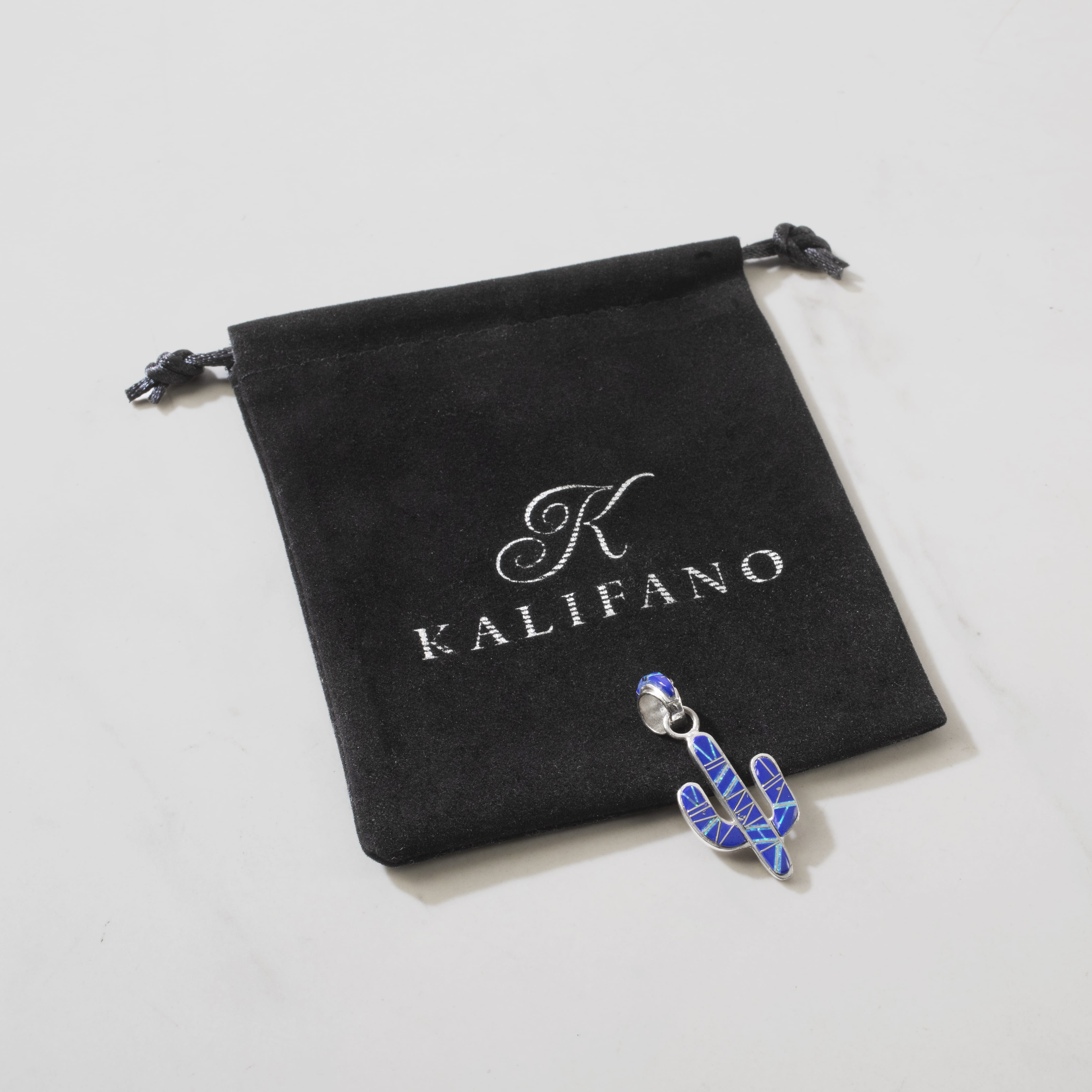 Kalifano Southwest Silver Jewelry Lapis Cactus 925 Sterling Silver Pendant USA Handmade with Aqua Opal Accent NMN.0602.LP