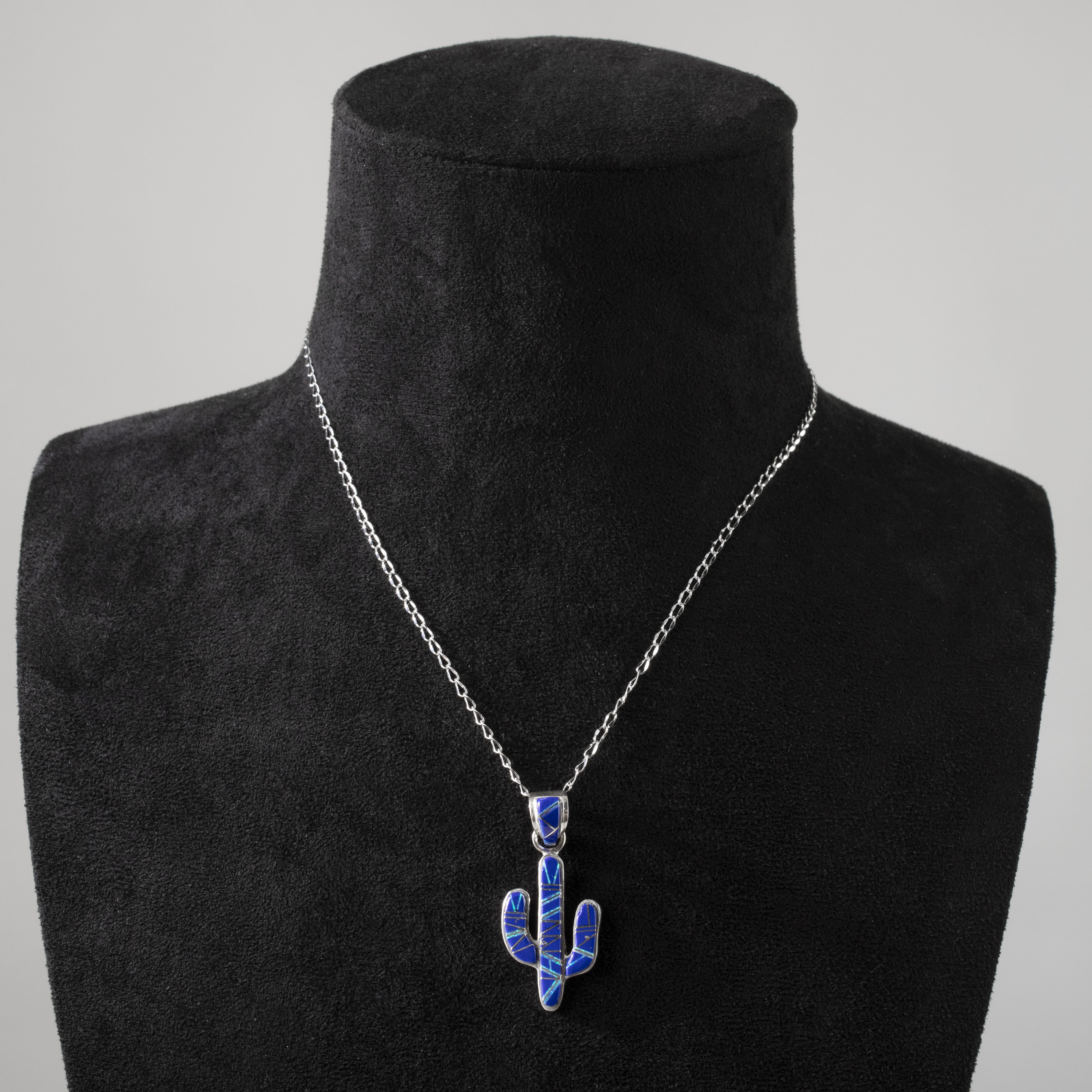 Kalifano Southwest Silver Jewelry Lapis Cactus 925 Sterling Silver Pendant USA Handmade with Aqua Opal Accent NMN.0602.LP