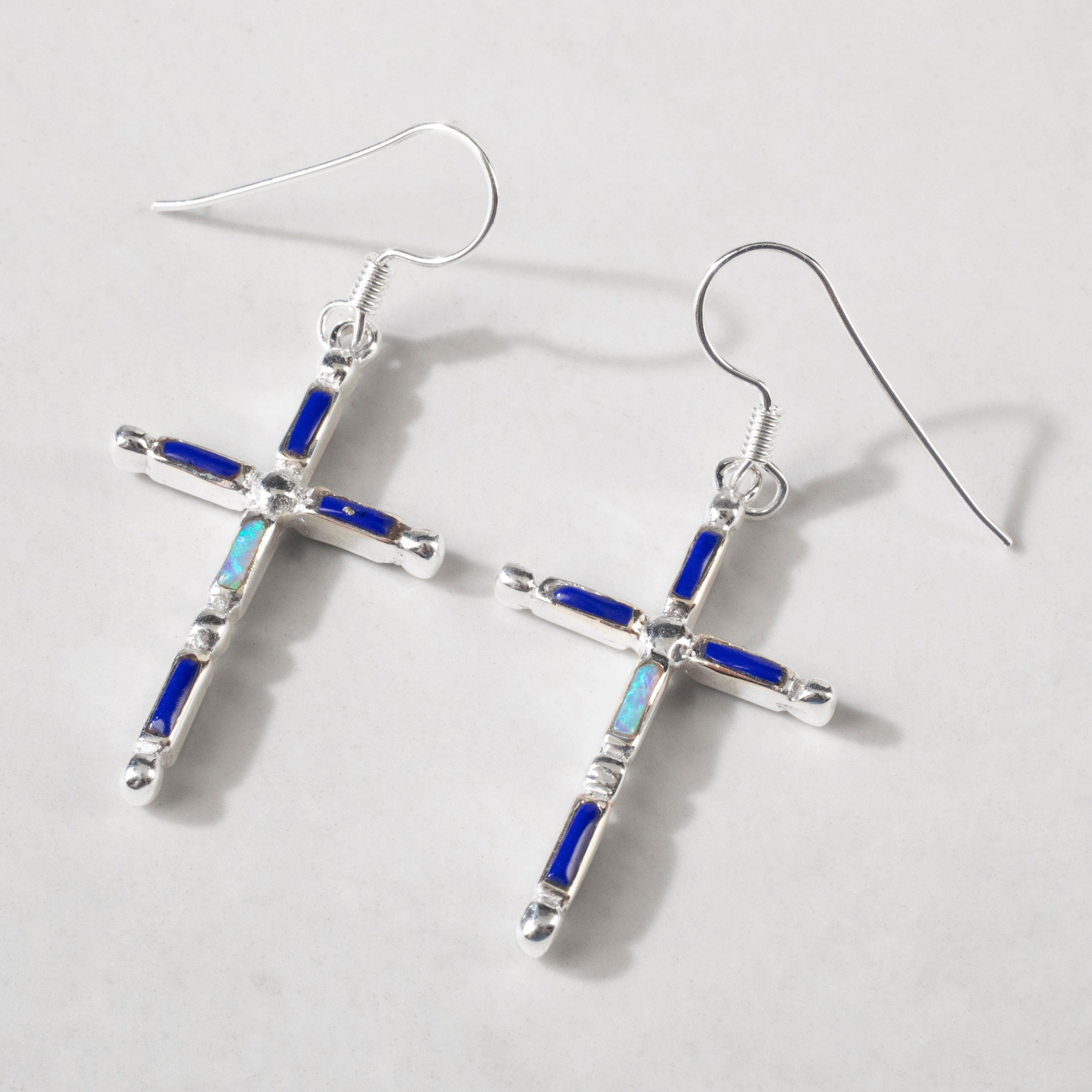 Kalifano Southwest Silver Jewelry Lapis Cross 925 Sterling Silver USA Handmade Earring with French Hook NME.2128.LP