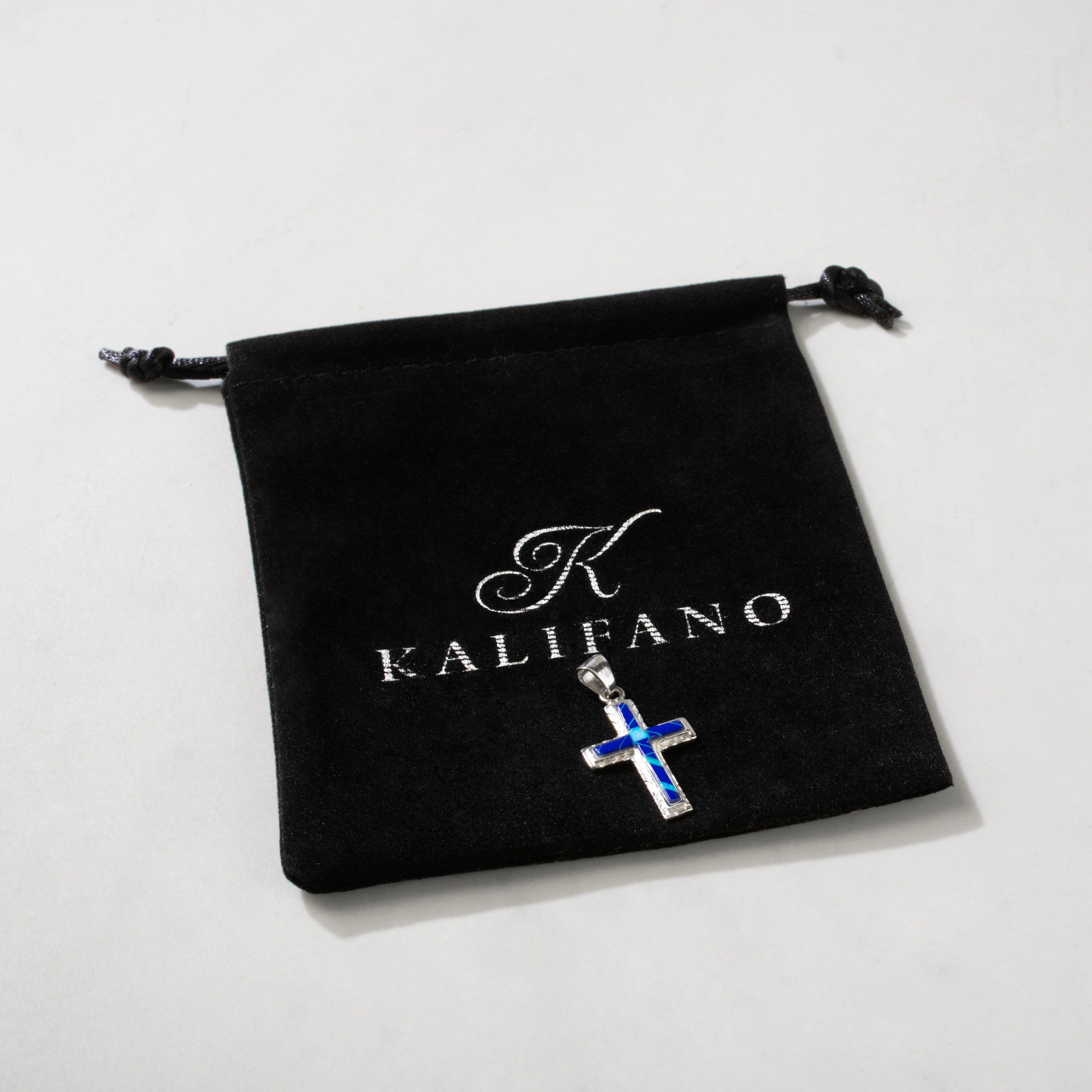 Kalifano Southwest Silver Jewelry Lapis Cross 925 Sterling Silver USA Handmade Pendant with Opal Accent NMN.2054S.LP