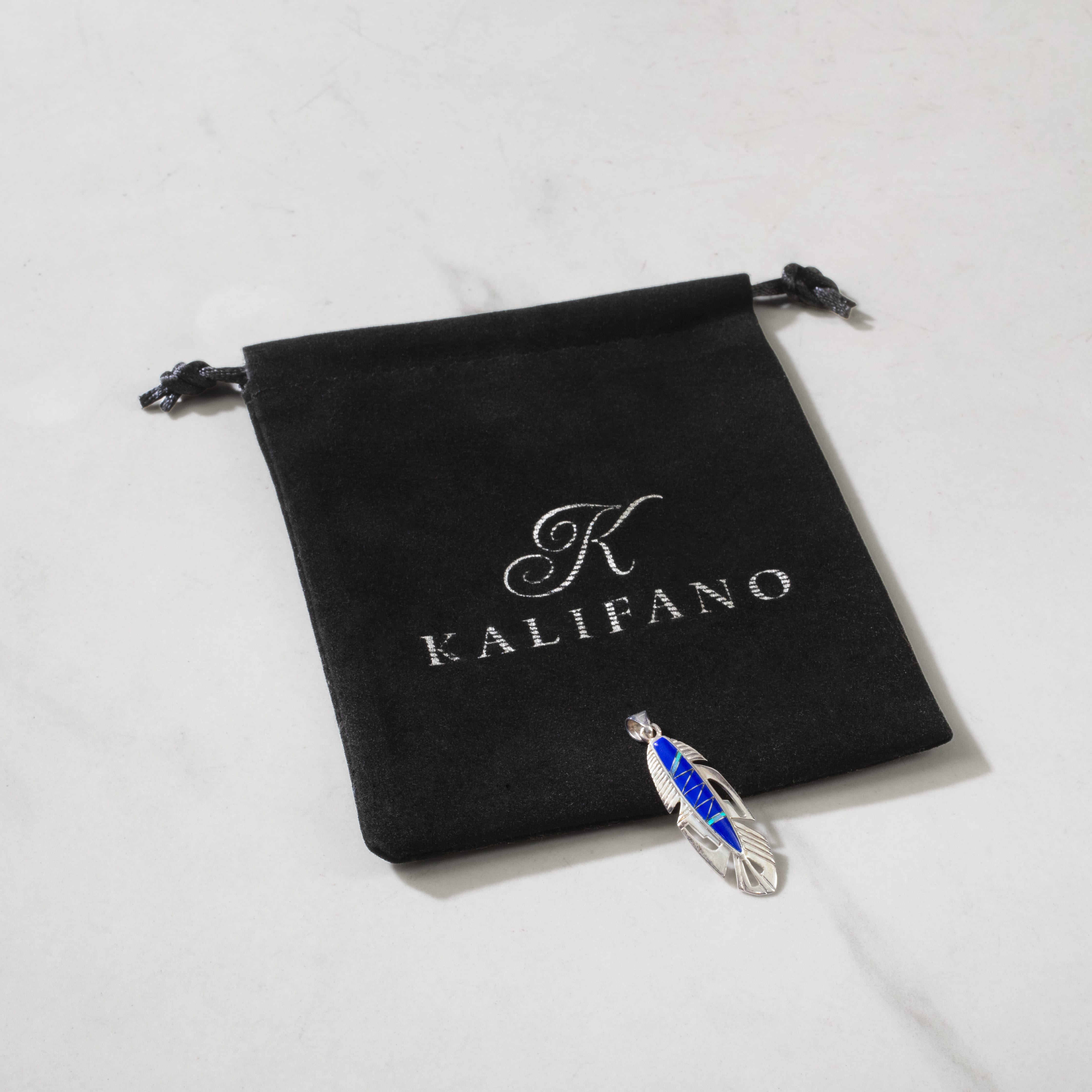 Kalifano Southwest Silver Jewelry Lapis Feather 925 Sterling Silver Pendant USA Handmade with Opal Accent NMN.2113.LP