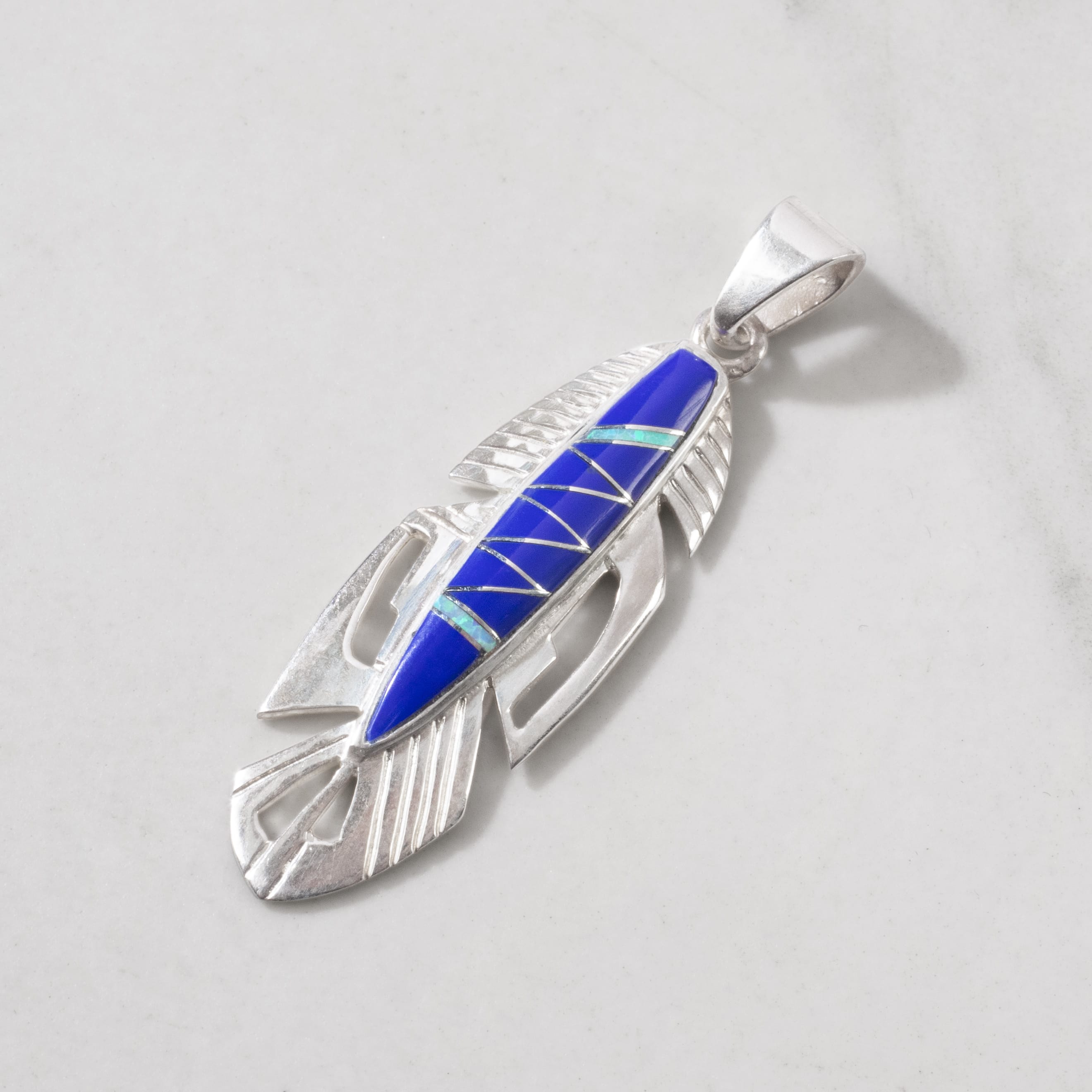 Kalifano Southwest Silver Jewelry Lapis Feather 925 Sterling Silver Pendant USA Handmade with Opal Accent NMN.2113.LP