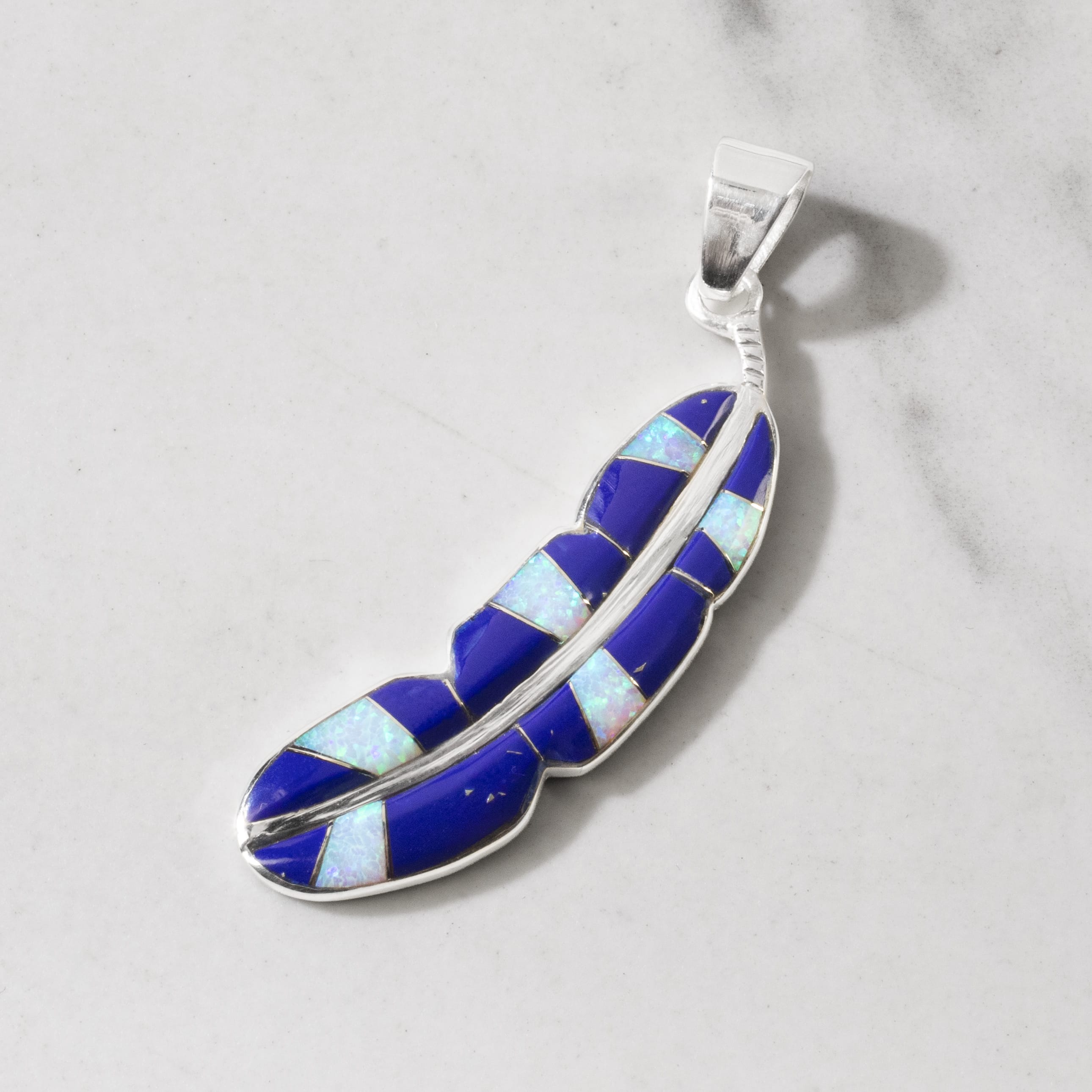 Kalifano Southwest Silver Jewelry Lapis Feather 925 Sterling Silver Pendant USA Handmade with Opal Accent NMN.2312.LP