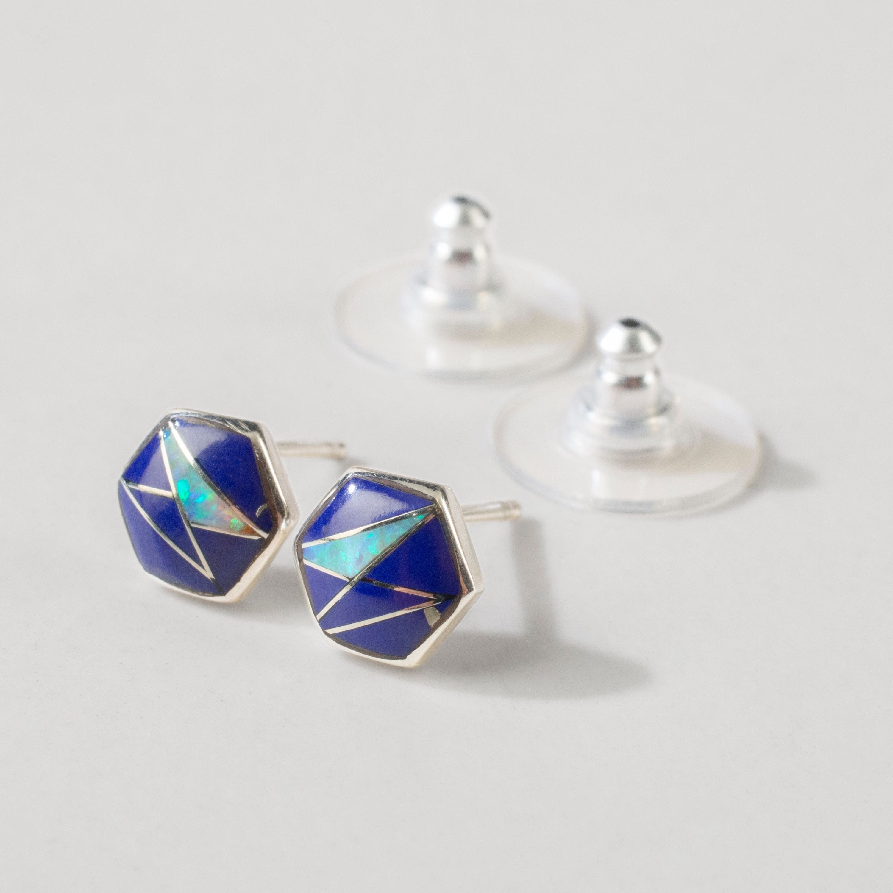 Kalifano Southwest Silver Jewelry Lapis Hexagon 925 Sterling Silver USA Handmade Earrings with Stud Backing NME.2265.LP