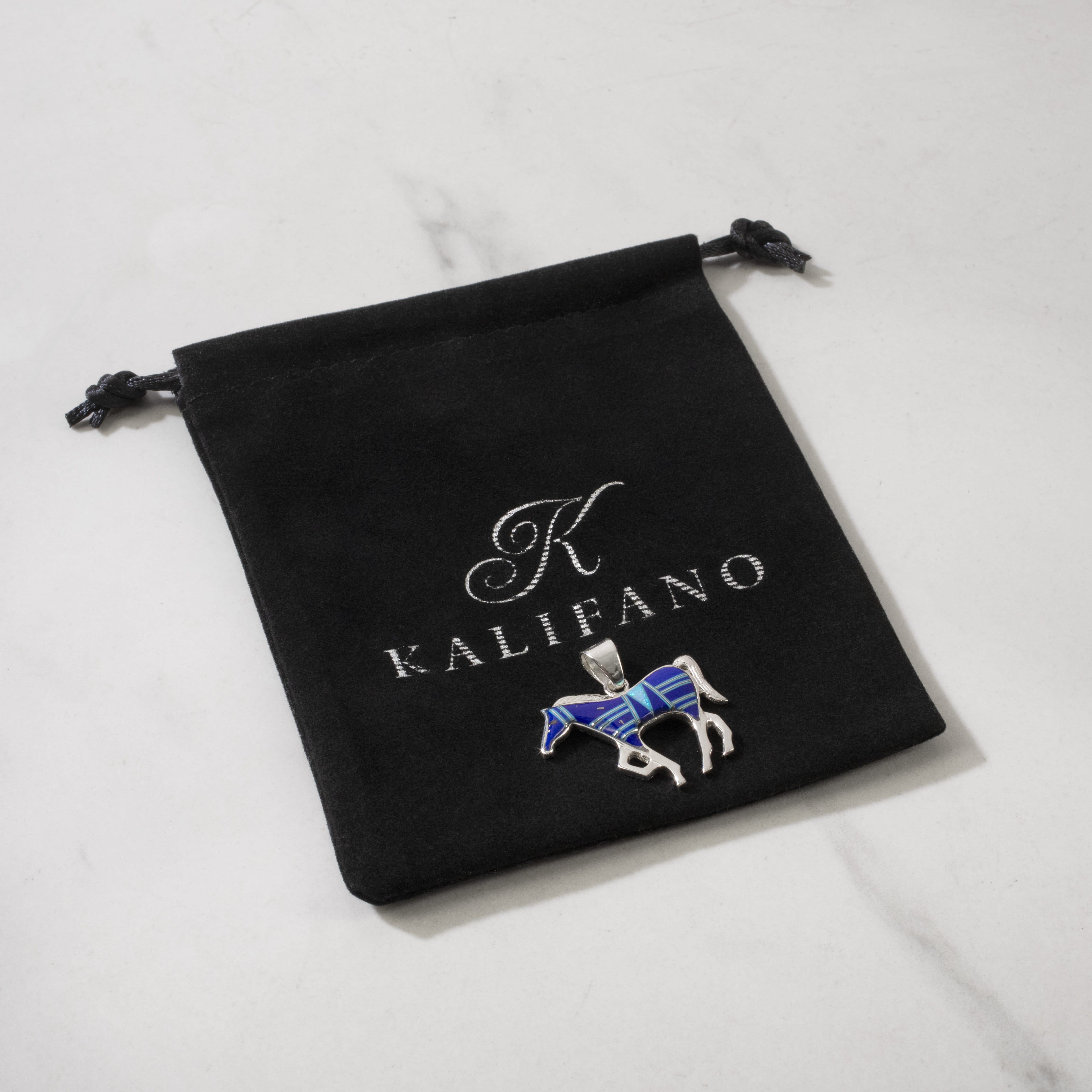Kalifano Southwest Silver Jewelry Lapis Horse 925 Sterling Silver Pendant USA Handmade with Opal Accent NMN.1089.LP