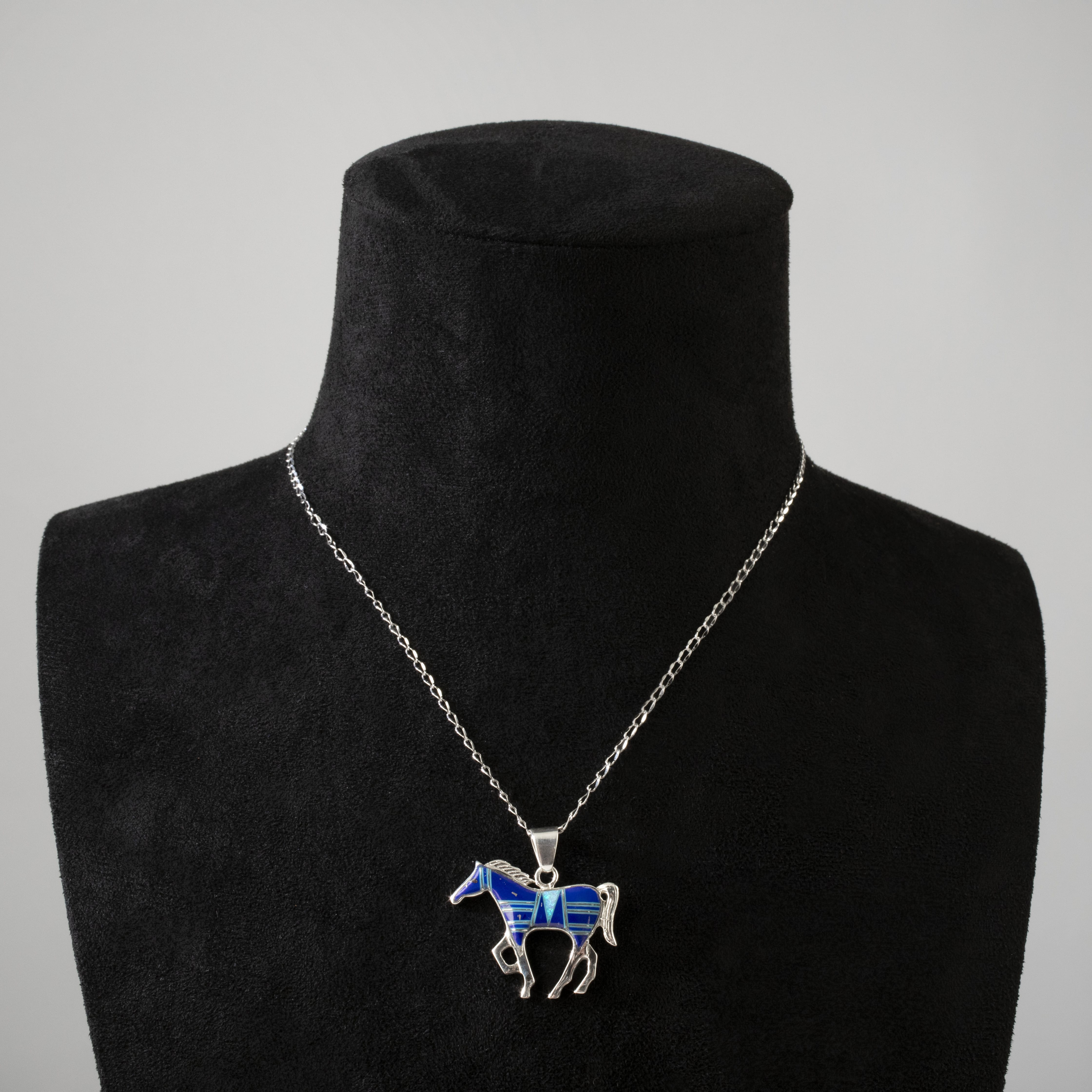 Kalifano Southwest Silver Jewelry Lapis Horse 925 Sterling Silver Pendant USA Handmade with Opal Accent NMN.1089.LP